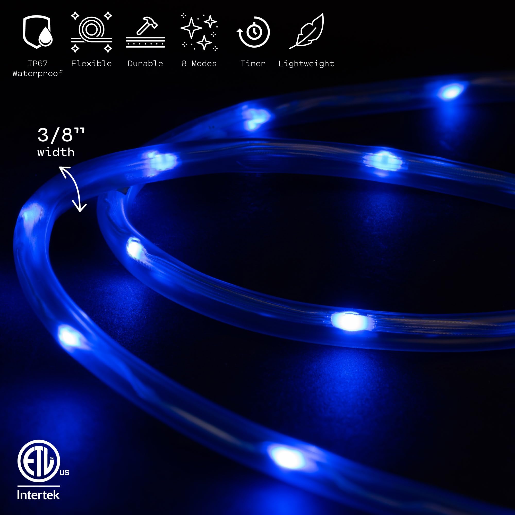 WYZworks 20ft Blue LED Rope Light - 8 Modes, Waterproof Outdoor Accent Lighting with Remote, Flexible Clear Tube, ETL Certified, Garden, Patio, Backyard, Holiday Christmas, Tree, Ambient Decor