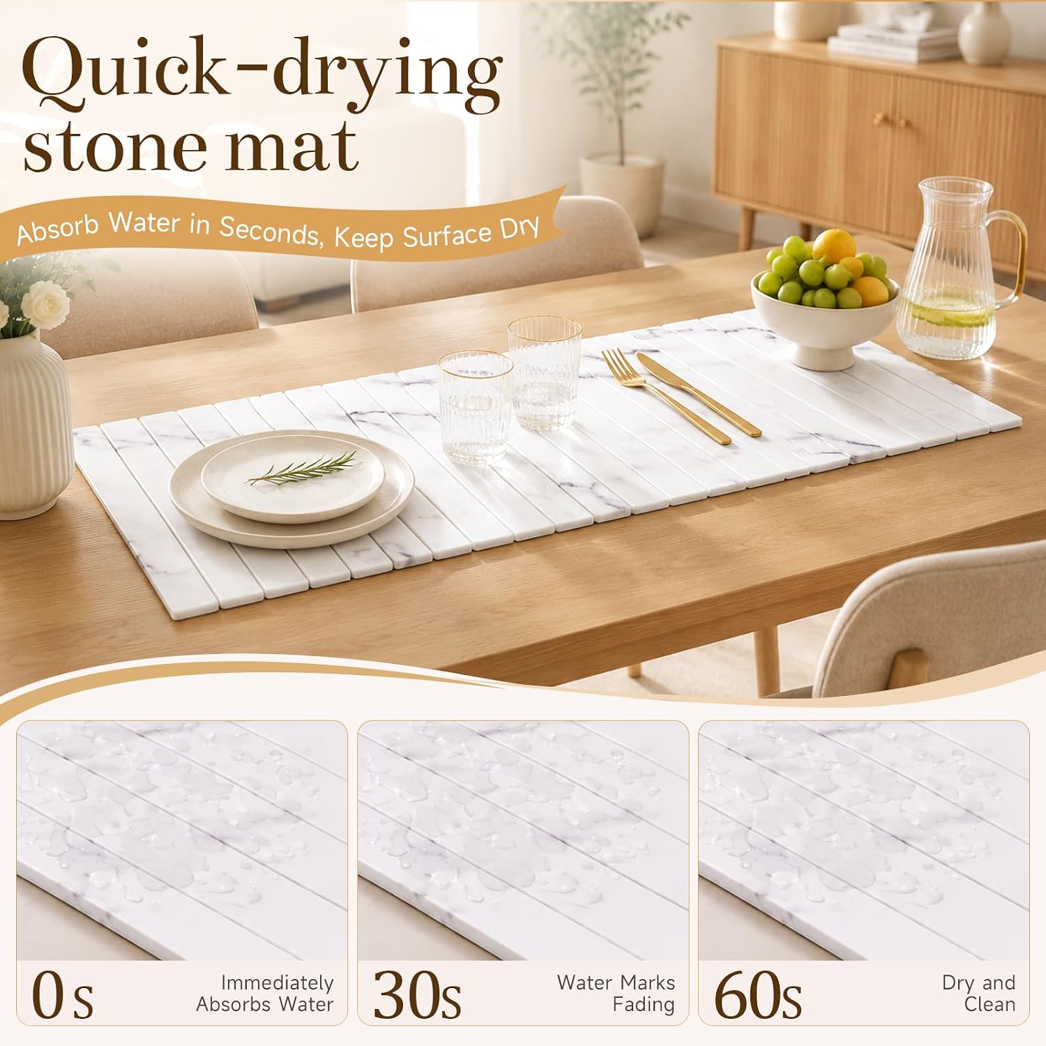 32 x 16 Inch Long Foldable Stone Dish Drying Mats for kitchen counter large Absorbent Quick Dry Diatomaceous Earth Mat with Non Slip Base, Roll up Stone Drying for Kitchen Bathroom Sink Area