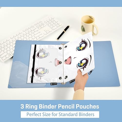 Miniatura 5 de Gredecor Estuche para lápices con 3 anillos Happy Anime Face Eyes con cremallera, 2 unidades, organizador de carpetas transparentes para la escuela