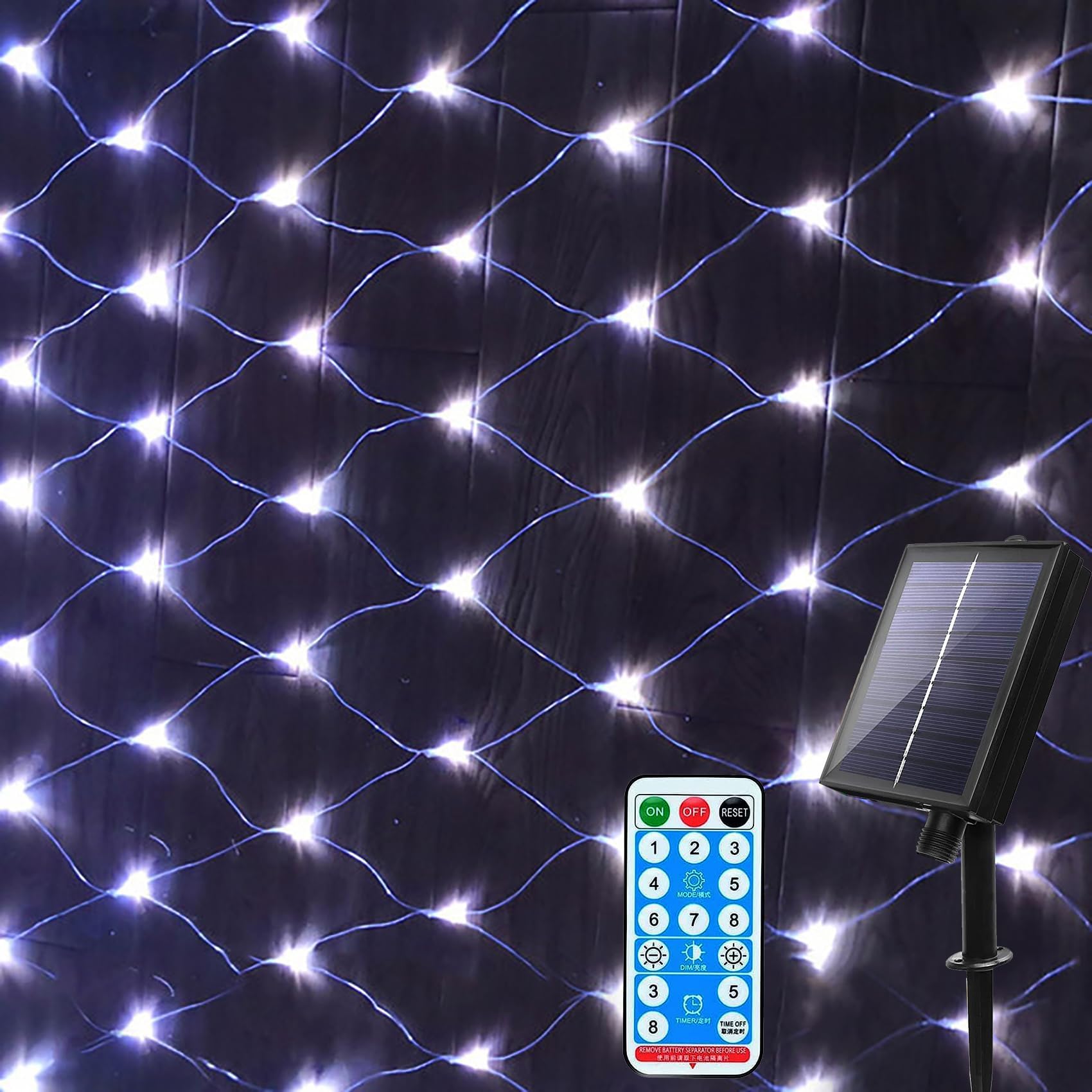 Luces solares de red para jardín con control remoto, guirnalda de luces de malla de 6 x 4 m, 672 LED, 8 modos de encendido y apagado automático (blanco)