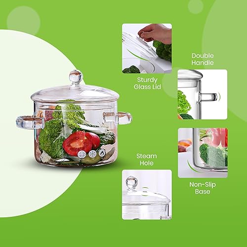 Miniatura 4 de Olla de cocina de vidrio - Cacerola de vidrio de 2L67 oz con tapa - Olla y sartén de vidrio transparente resistente al calor con tapa para fideos de