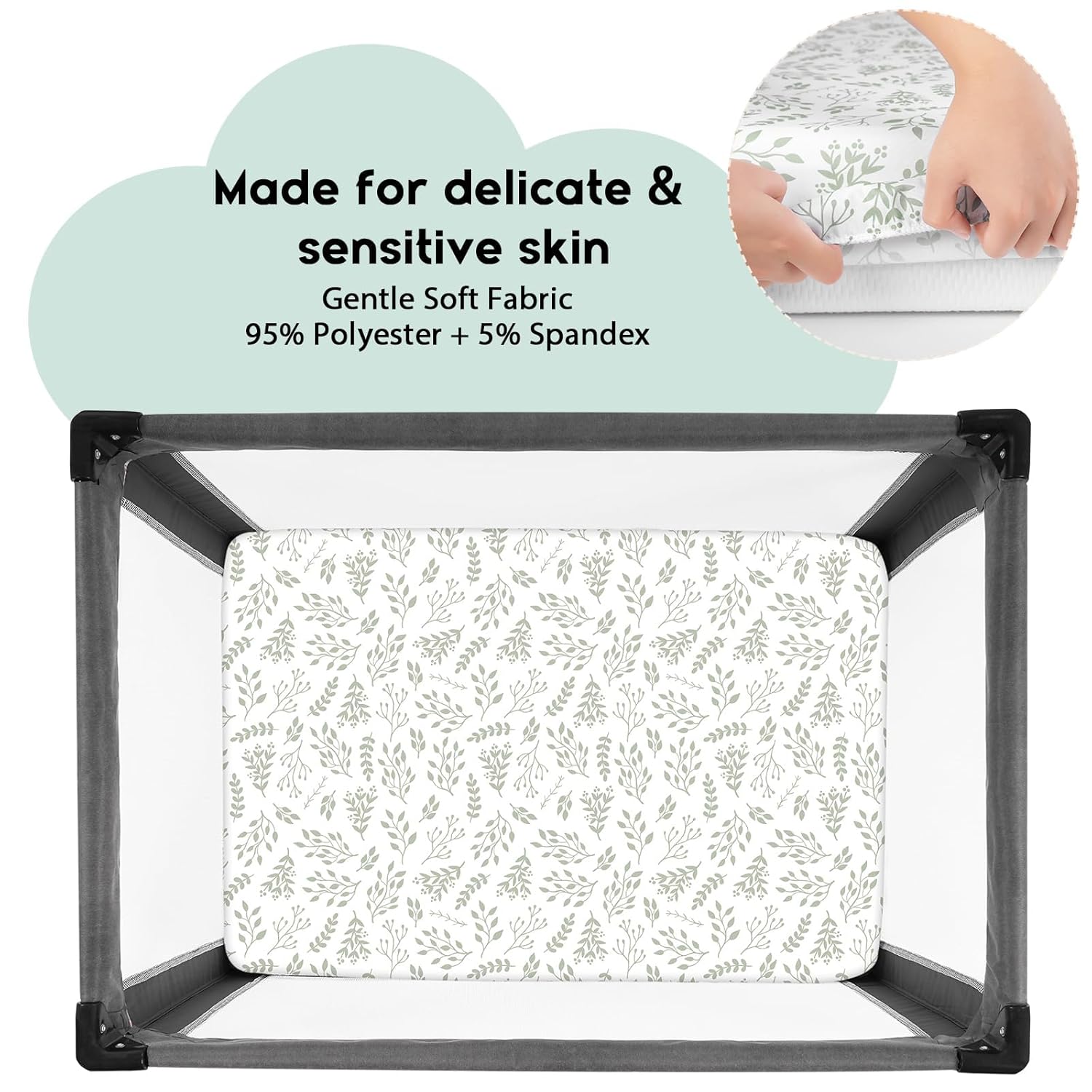 Yoofoss Pack and Play Sheets Fitted, Mini Crib Sheets 2-Pack for Pack N Play Mattress, Stretchy Playard Sheet, Soft and Breathable Green + Leaf - Image 2
