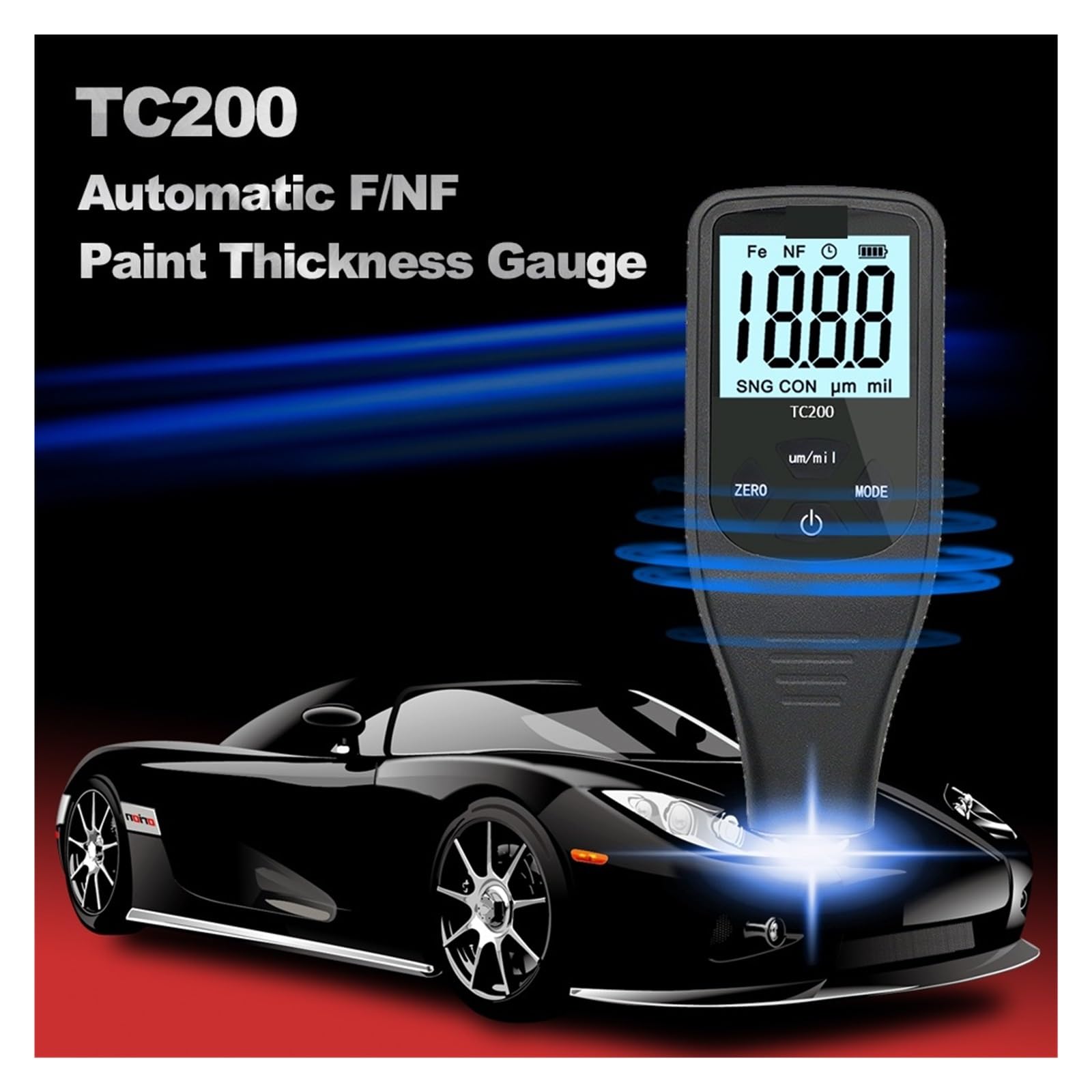 TC200 miernik grubości lakieru podświetlenie LCD pomiar folii kompozytowy Auto samochodowego Fe/NF,Dokładny czujnik | Nero