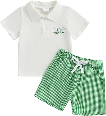 Baby Boy Frist Birthday Golf Outfit One Embroidery Short Sleeve Collared Shirt Plaid Shorts Set 1st Birthday Clothes