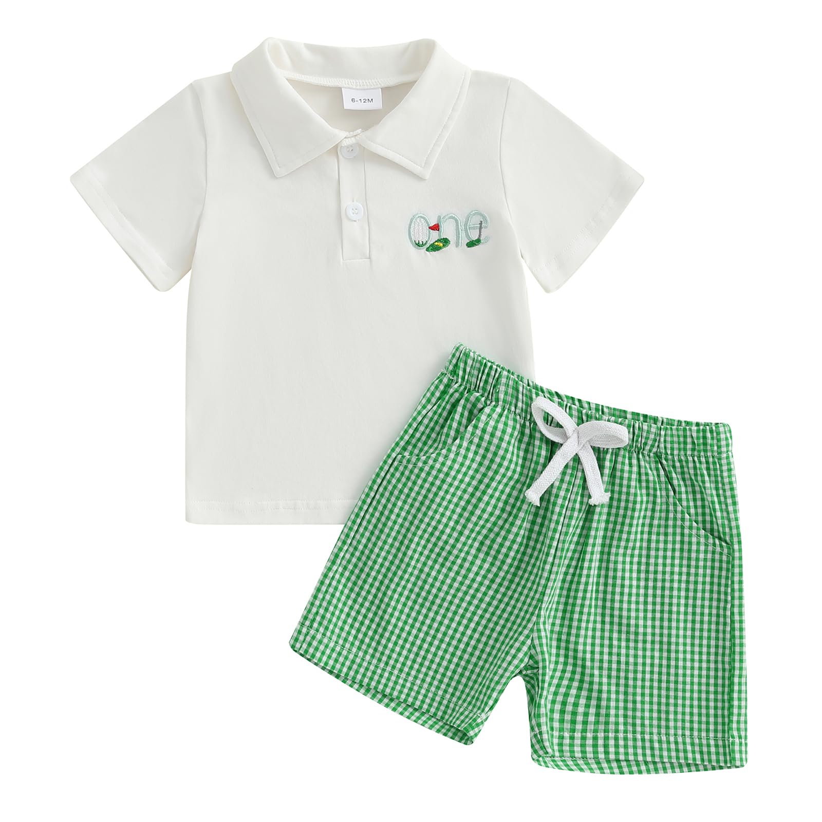 KtwHarnu Baby Boy Frist Birthday Outfit Golf One Embroidery Short Sleeve Lapel T-Shirt Plaid Shorts Set 1st Birthday Clothes (White, 6-12 Months)