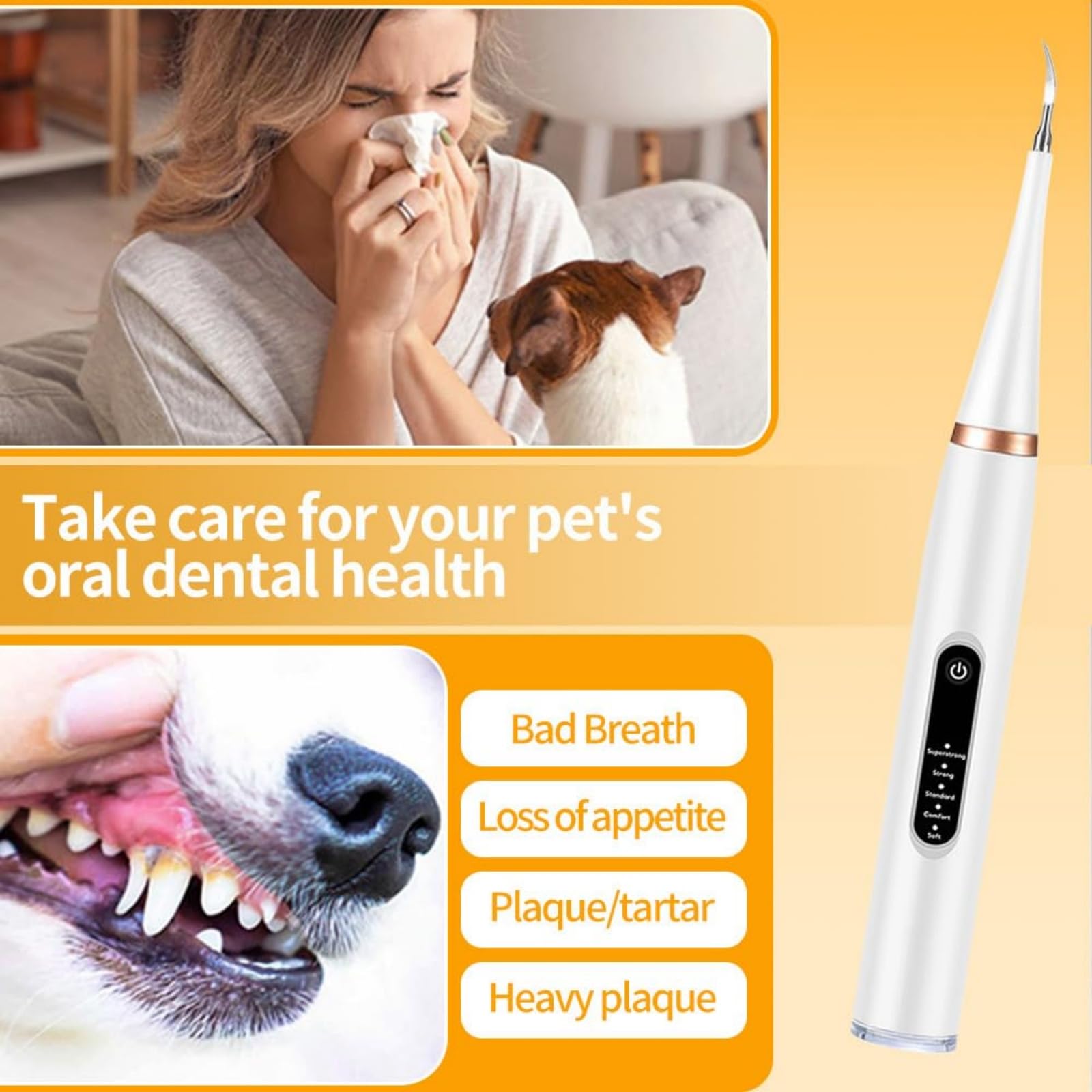 ZampaDent Dispositivo Professionale Per La Pulizia Dentale Del Cane-Kit Pulizia Denti Per Cani E Gatti, 5 Modalità Di Pulizia, Ricarica USB, Rimozione Tartaro E Macchie (Bianco,B)