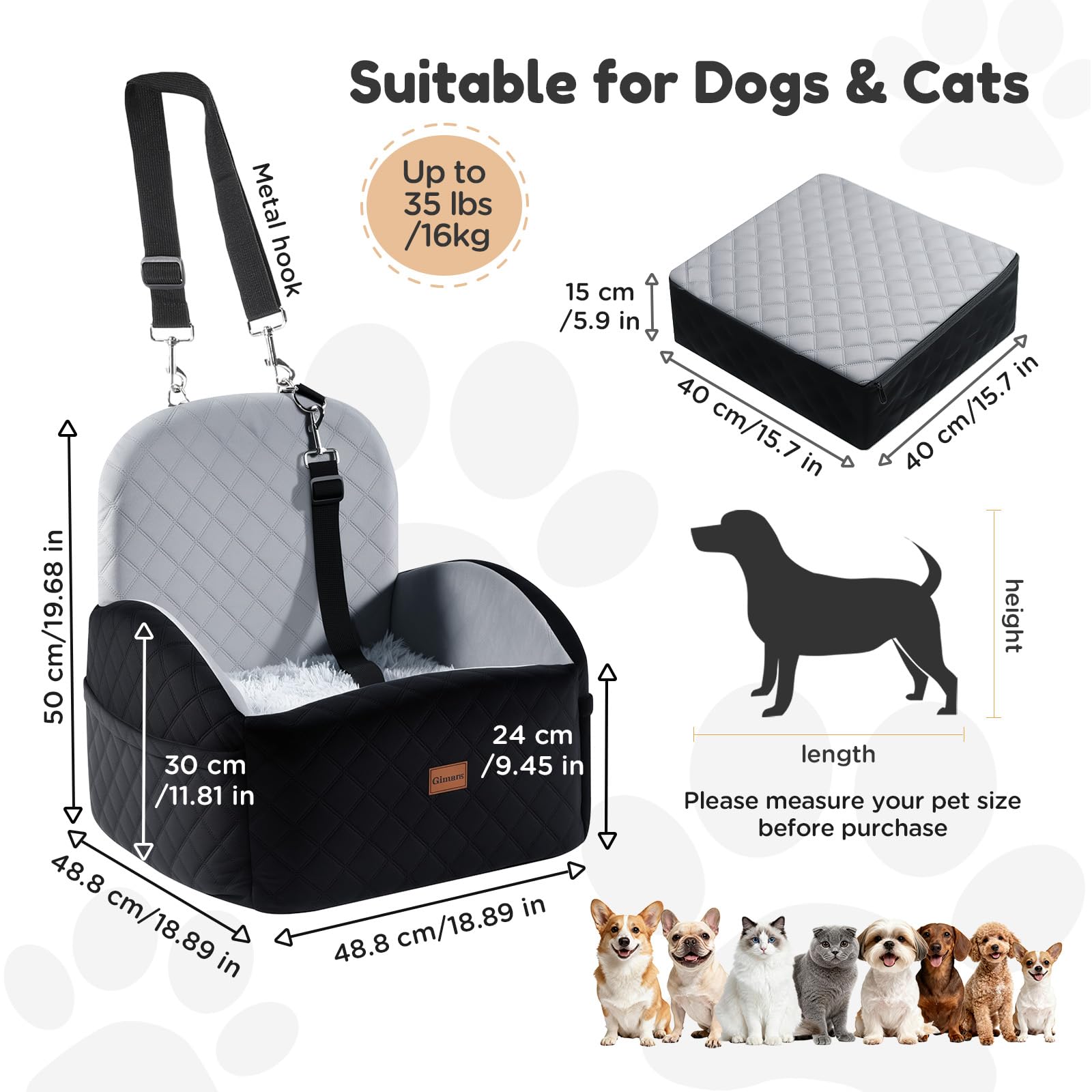 Gimars Reversibile Seggiolino Auto Per Cani conPeluche Lungo/Corto Cuscino sedile Per Cani Piccoli/Medi Fino A 16kg, Sfoderabile Lavabile Trasportino Per Cani Auto Con 15cm 28D Egg-Crate Schiuma, S