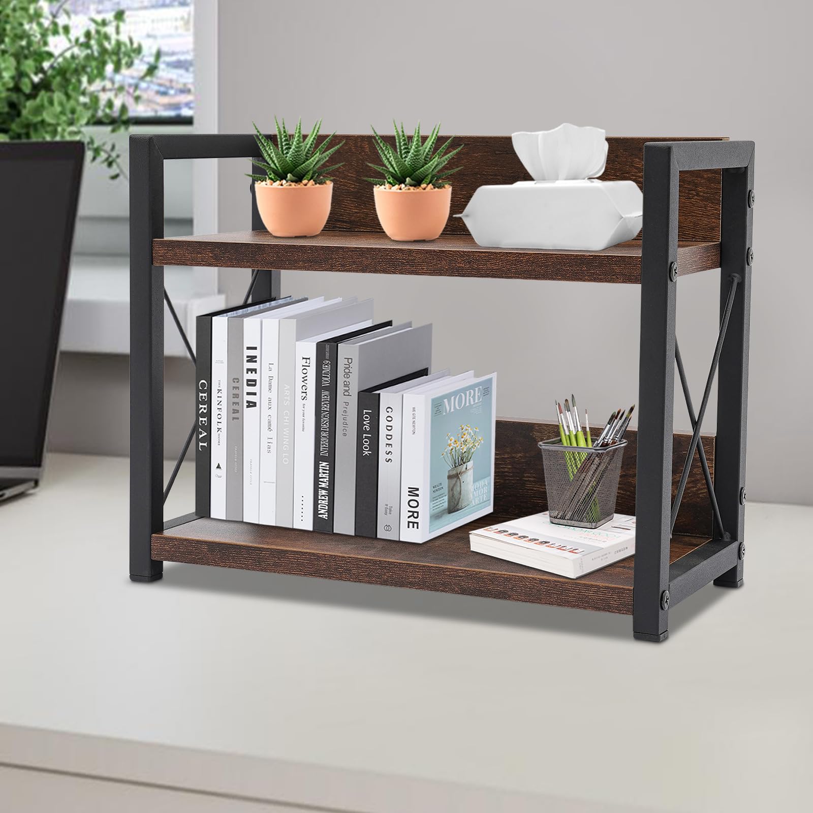 Gewürzregal, Küchenregal Stehend aus MDF und Eisen, 2 Etagen Gewürzständer für Arbeitsplatte, Stabiler Küchen Organizer mit 30kg Belastbarkeit, Rutschfest, Braun, 30x15,75x26,42cm