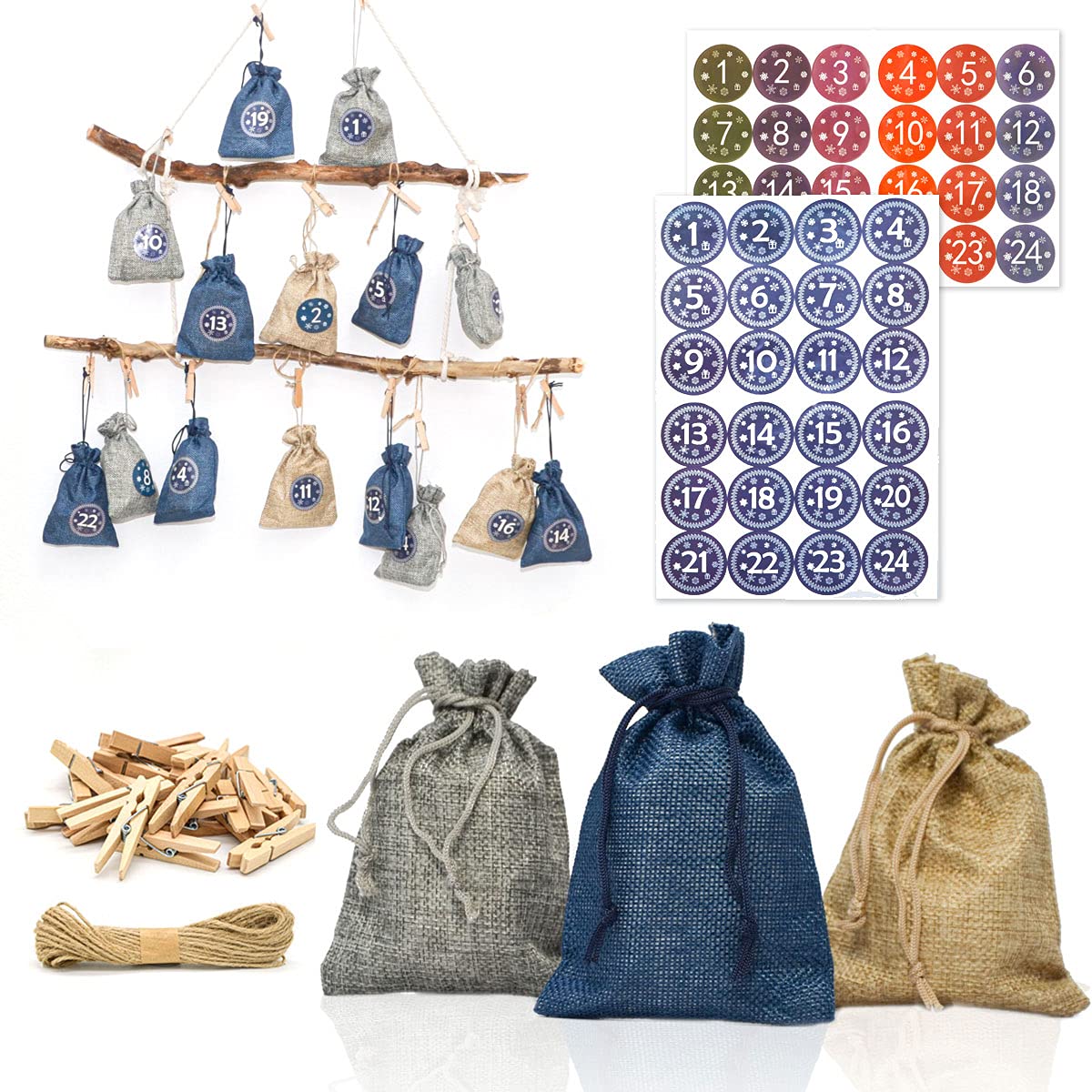 DuneDesign Calendario de Adviento para rellenar - DIY 24 bolsitas de tela con guirnalda y juego de pegatinas - Calendario de Navidad para rellenar tú mismo Bolsitas de Adviento para rellenar Niños