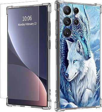 Clear case for Galaxy S24 Ultra,[Anti-Yellowing][Drop Protection] Women Girls Man Soft Transparent TPU Scratch-Resistant Shockproof for Galaxy S24 Ultra Phone case,Ice Dragon Wolf