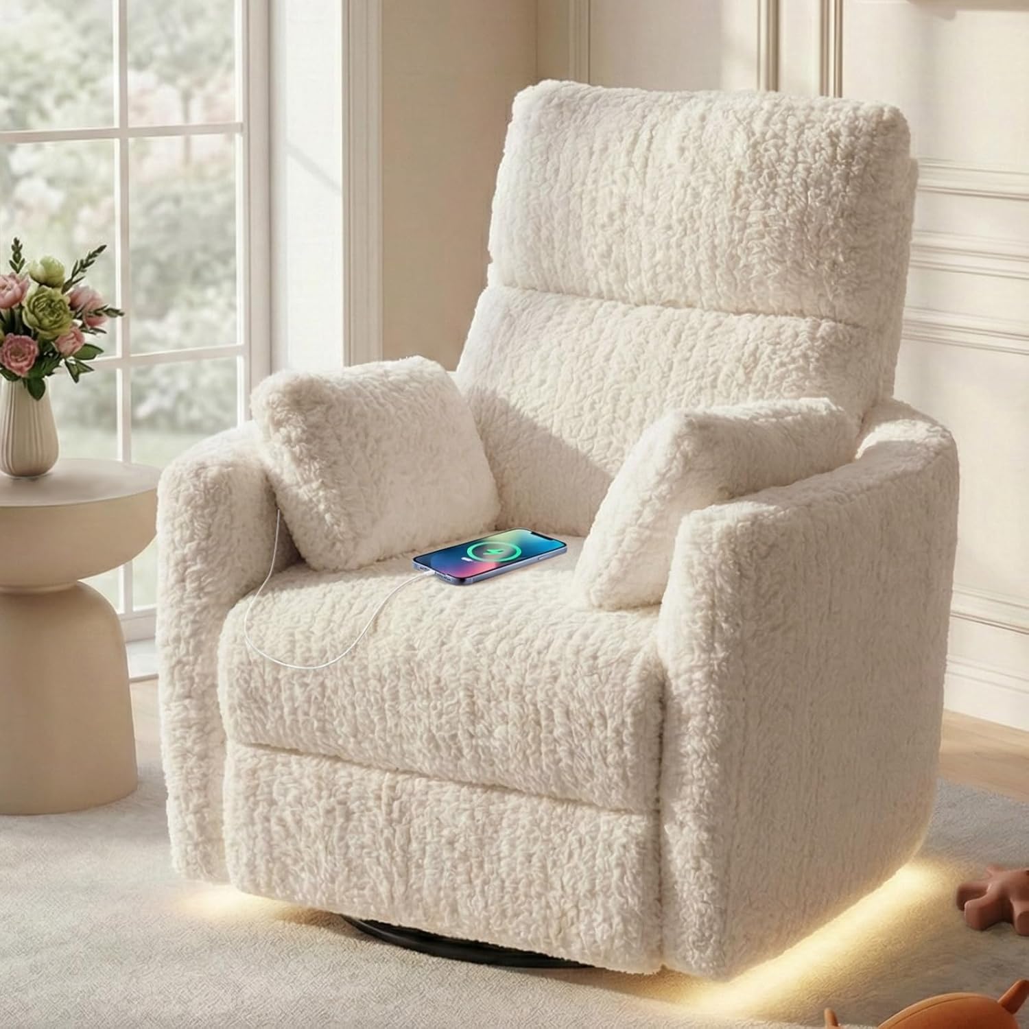 HUSFU Power Swivel Rocker Recliner Chair for Adults, Nursery Glider Rocking Chair with Nightlight and USB & Type-C Ports, Comfy Plush Recliner Chairs for Living Room, Bedroom, Beige