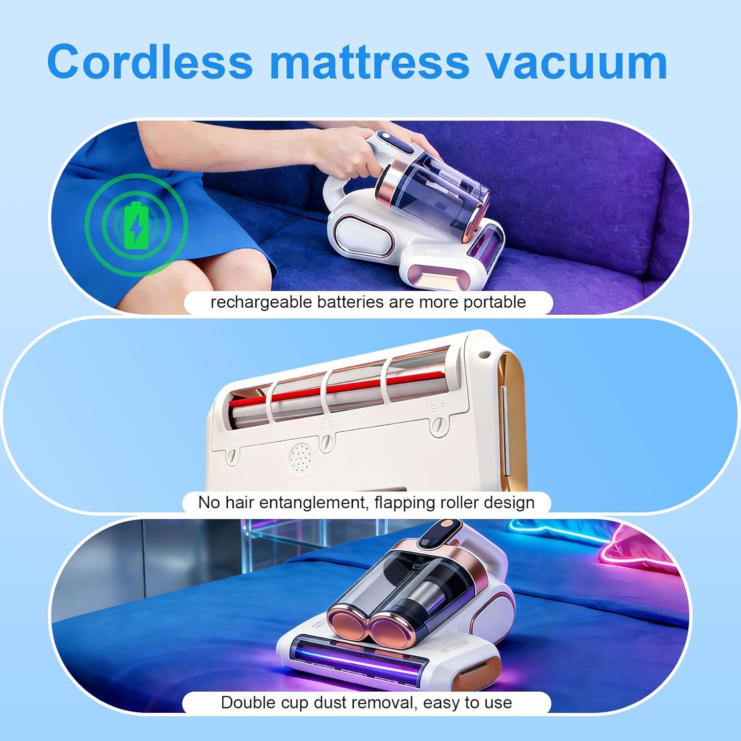 Cordless Mattress Vacuum Cleaner with UV-C Light - Advanced Dust Removal & Deep Cleaning Technology for Beds, Sofas, Carpets, Pet Hair and Household Dust, Handheld sofa Vacuum Cleaner for Home Use