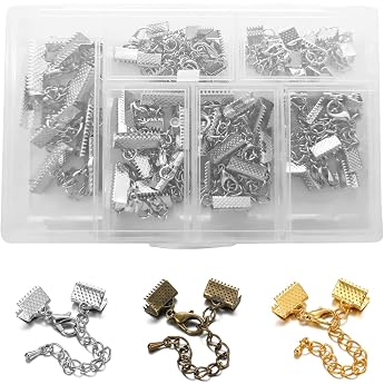 30 Pairs Band Crimp Clamp Ends with Lobster Clasp and Extension Chain Various Sizes Bracelet Bookmark Caps Leather Pinch Crimp Clasps Clasps with Box Silver