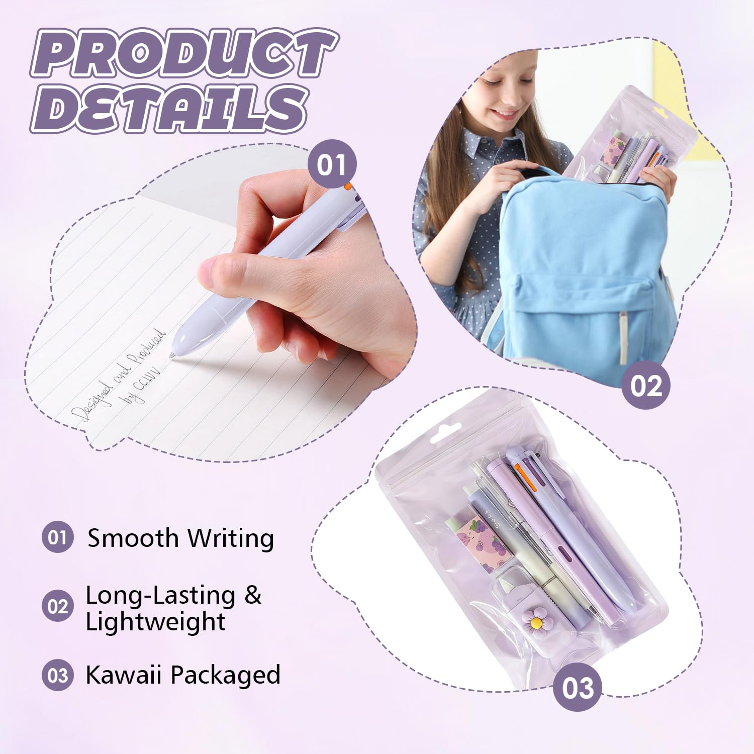 Set di 6 articoli di cancelleria viola per donne - Mini forniture kawaii per ufficio e scuola con penna a sfera, penna gel, evidenziatore, matita eterna, correttore a nastro, gomma
