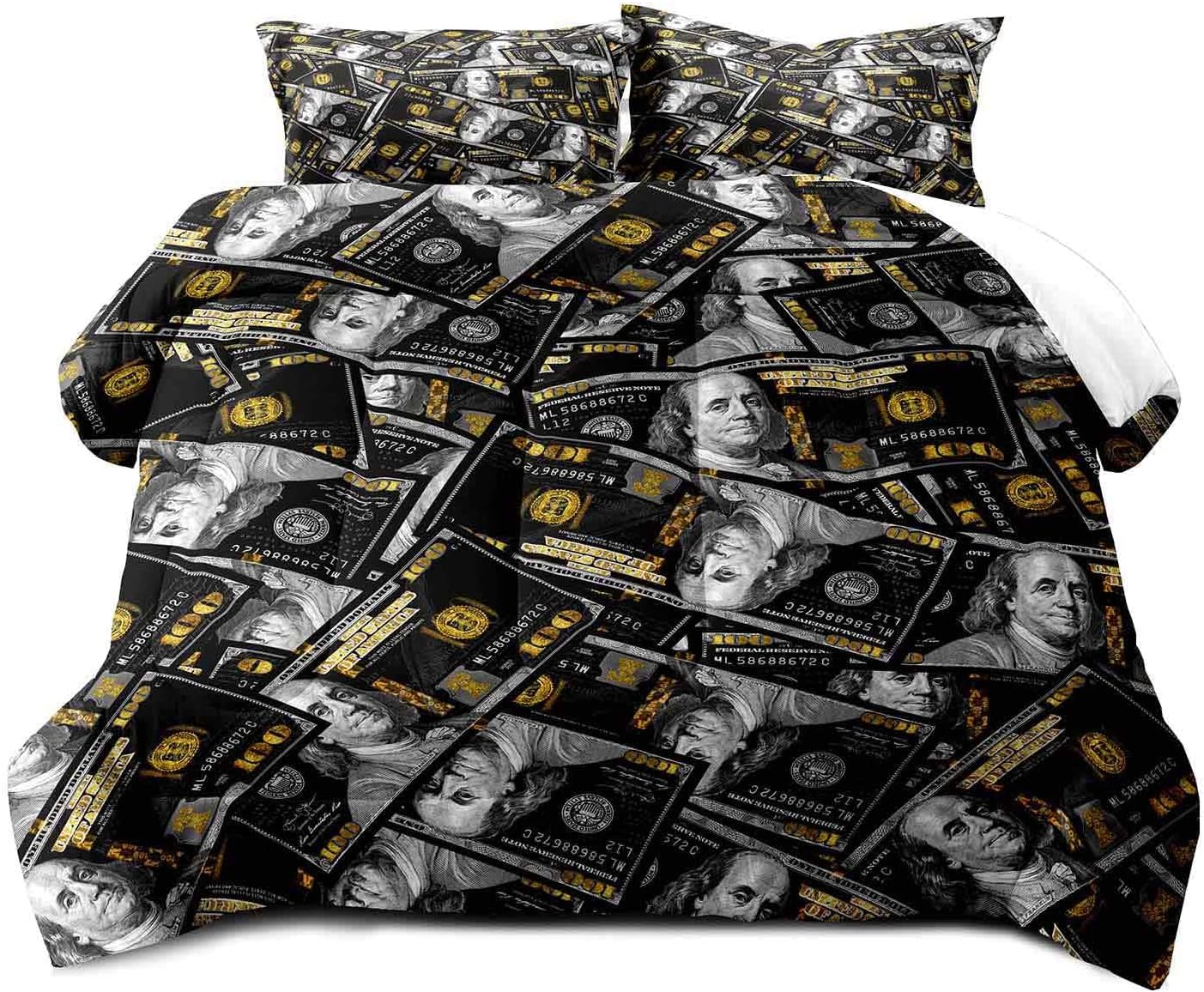 LUVIVIHOME 3PCS Luxury Money Comforter Set Queen Size, Black and Gold Comforter Quilt, Bill Cash One Hundred Dollar Bedding Sets for Boys Kids Teens, Funny Cool Bedroom Decor for Men, 2 Pillow Shams
