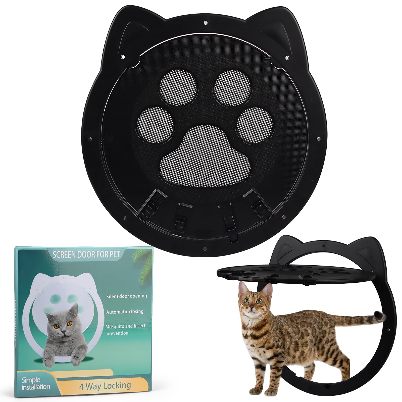 Katzenklappe für Fliegengitter, Katzentür für FensterKatzenklappe Innentür Aussentür Hundeklappe, K-atzentür für Fliegengitter mit Magnet und Schloss Katzentür (Schwarz)