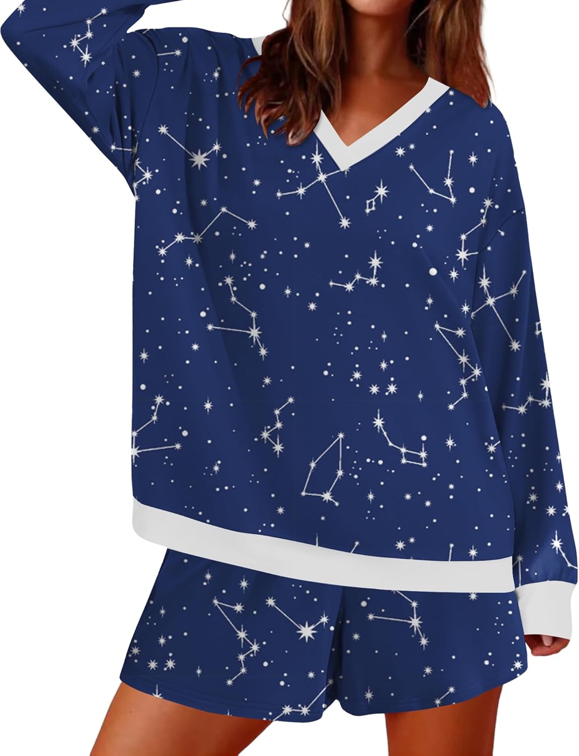 AKEWEI Womens Pajama Sets V Neck Long Sleeve Top and Shorts Cozy Loungewear with Pocket - Image 2