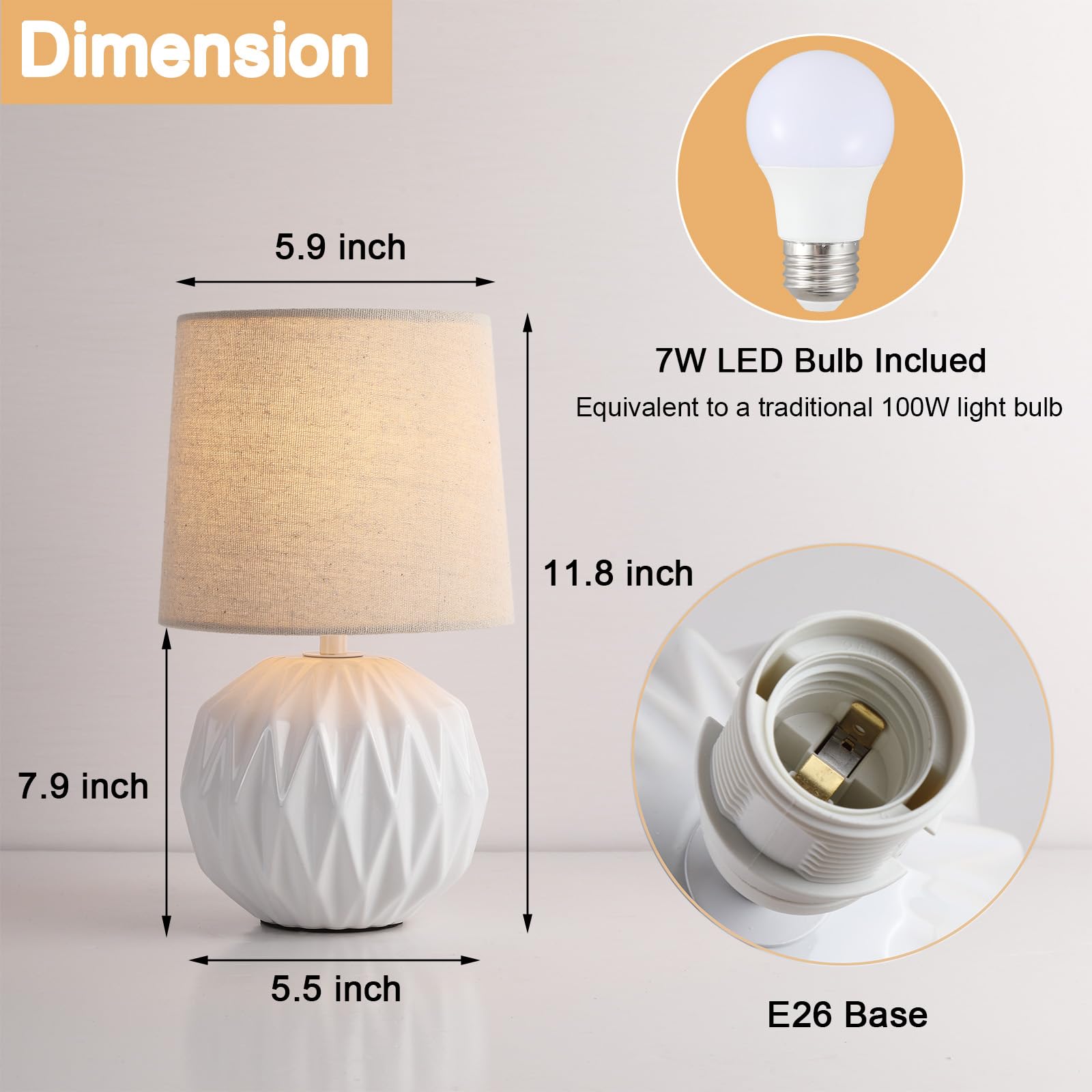 Lámpara de mesa de cerámica blanca, lámpara de noche pequeña con textura geométrica con pantalla de lino, lámpara de mesita de noche moderna de mediados de siglo para dormitorio, sala de estar, sala 6