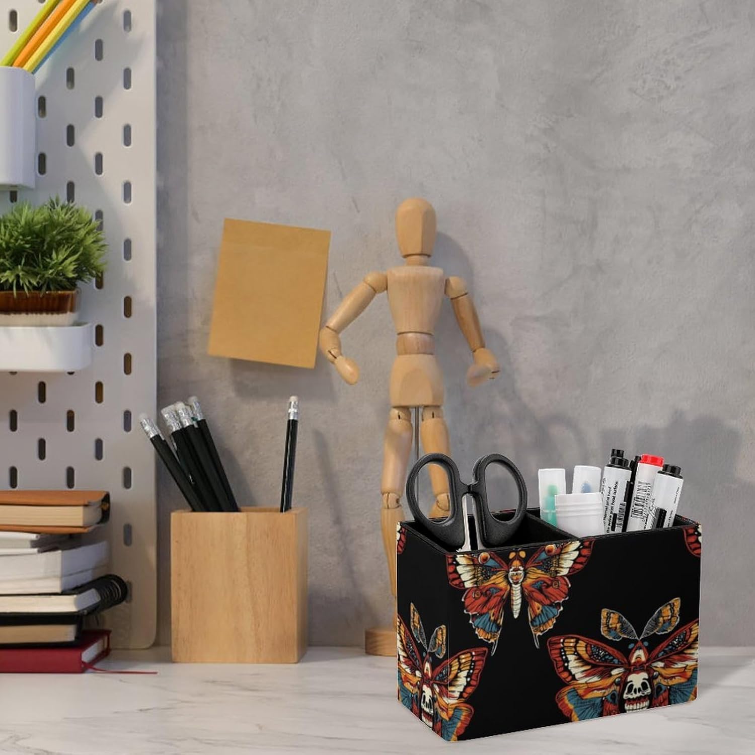 Moth Butterfly Pencil Pen Holder PU Leather Desk Storage Organizer Makeup Brush Box