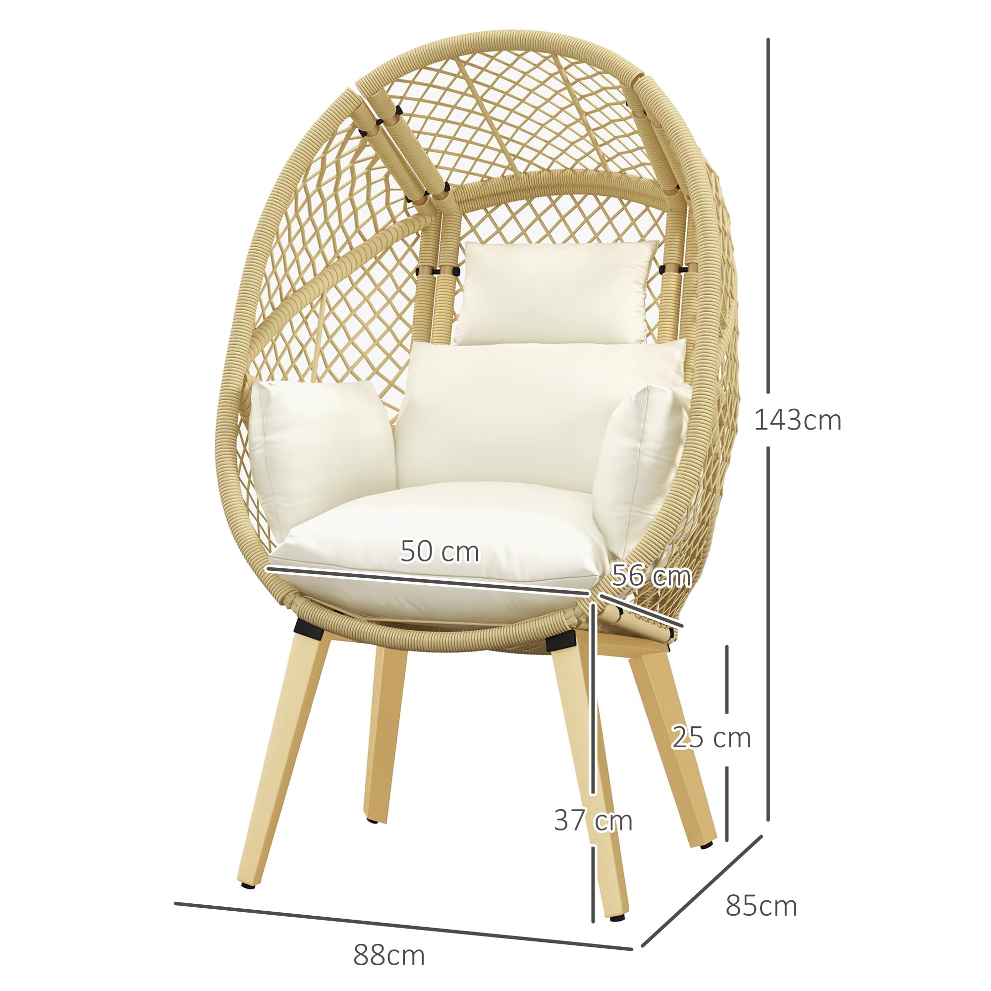Outsunny Sillón de Ratán Sintético Silla de Terraza en Forma de Huevo con Reposacabezas Acolchado y Cojín Carga 160 kg para Jardín Balcón 88x85x143 cm Natural y Crema