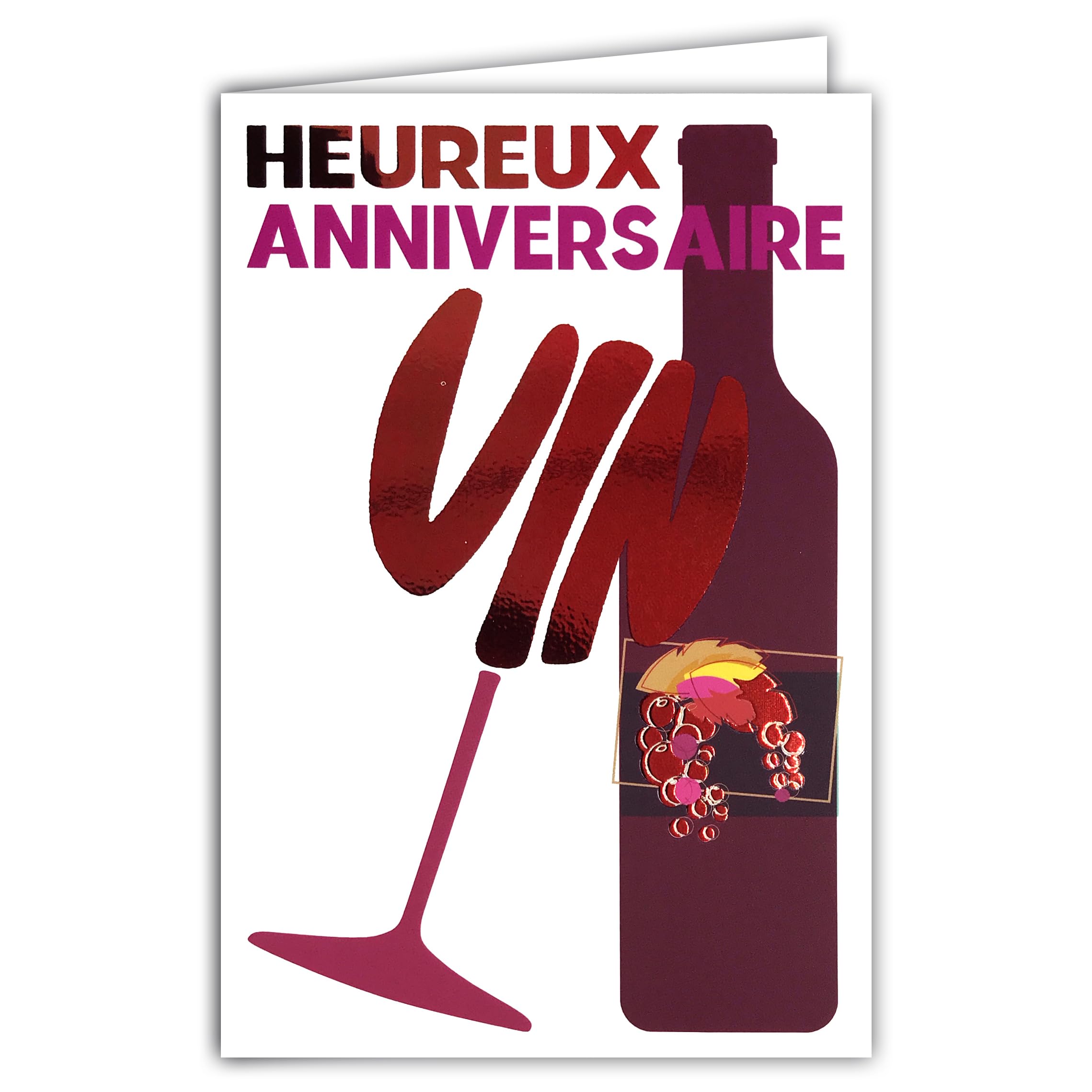 69-9014 Happy Birthday Card + Envelope 12 x 17.5 cm Red Wine Design Glossy Silhouette Glass Balloon and Bottle Drink a Shot Health Design