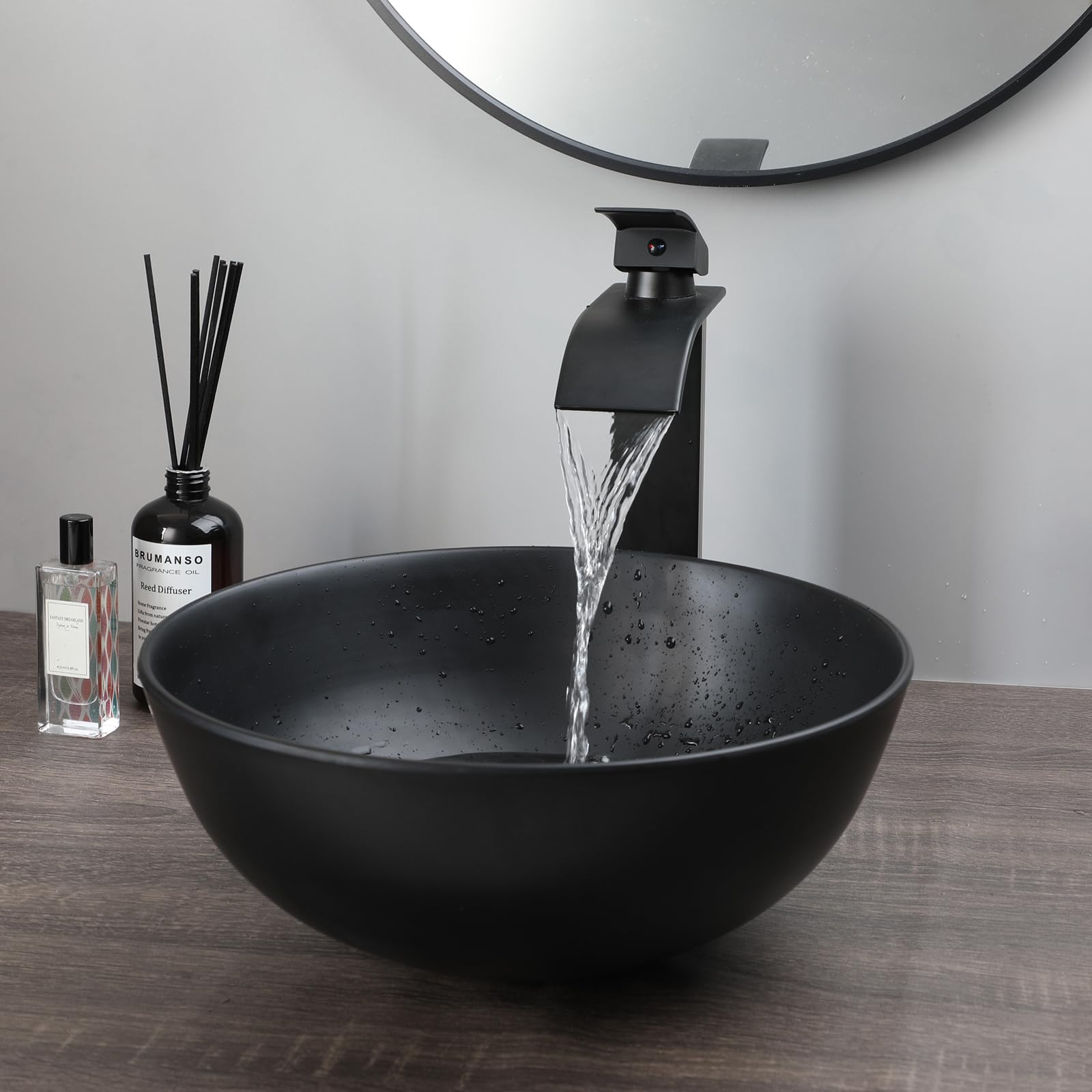 Photo 1 of OUBONI 13" Round Stone Resin Vessel Sink with Pop-Up Drain Combo Black Bathroom Sink Above Counter, Art Basin Vanity Sink for Small Bathroom