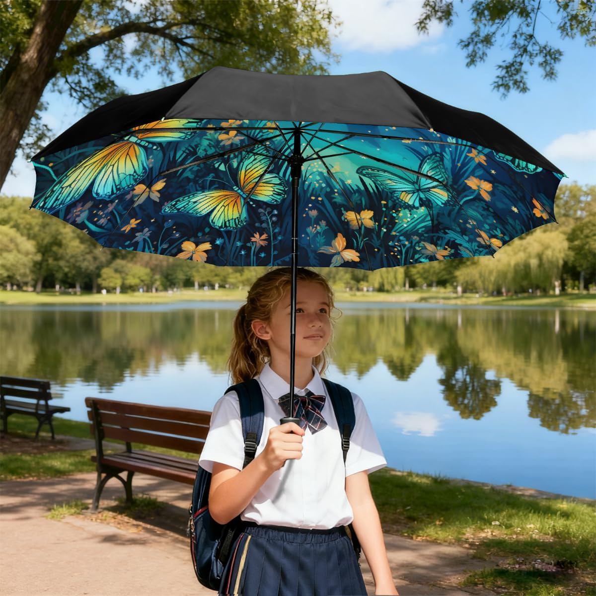 Starry Sky Butterfly Flowers Folding Umbrella Windproof Compact Lightweight Travel Umbrella with 8 Reinforced Ribs, Portable UV Sun & Rain Protection for Men & Women