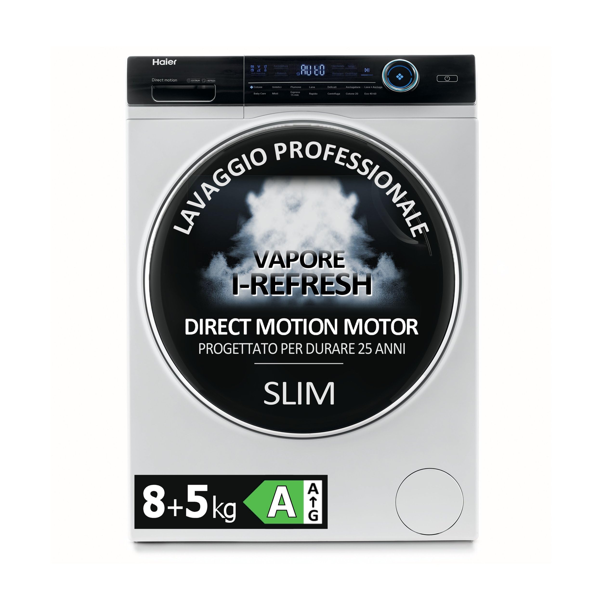 Haier I-Pro Serie 7 Lavasciuga Slim 8+5 Kg, Libera Installazione, Carica Frontale, 59,5 x 56 x 85 cm, 1400 Giri, Classe A/D, Trattamento Antibatterico, Rilevamento Carico, Bianca - HWD80-B14979