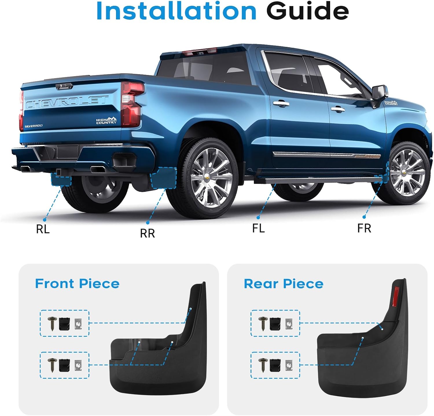 Sunsdrew Mud Flaps for 2019-2026 Chevrolet Silverado 1500 Accessories(Excludes ZR2, LT Trail Boss, Custom Trail Boss) - All Weather No-Drill Front&Rear 4PCS Silverado 1500 Mudguards Set with Hardware