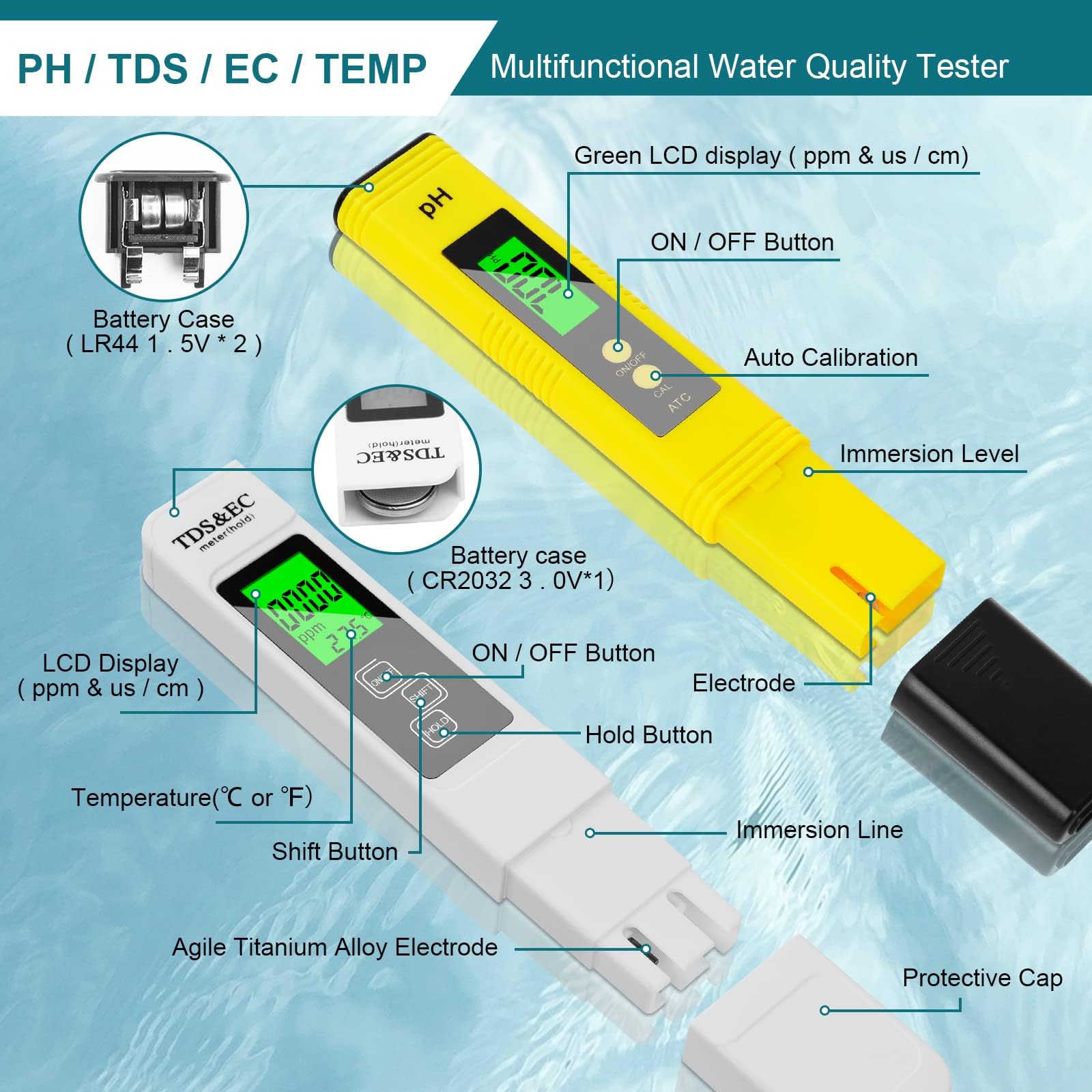 Flintronic PH/TDS/EC/Temp 4 w 1 miernik jakości wody z LCD i podświetleniem do basenu i spa