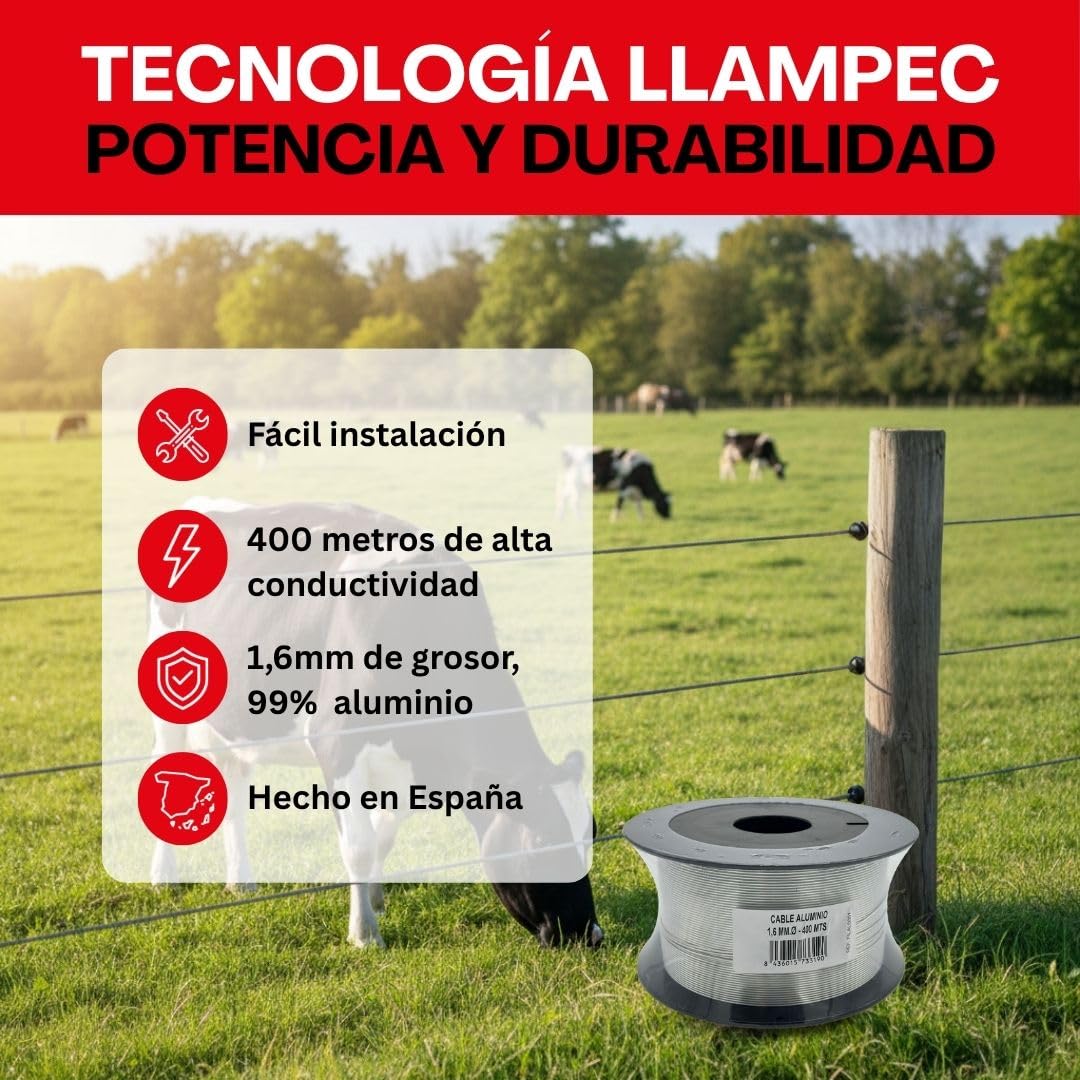 Llampec Hilo Pastor Eléctrico, 400m x 1,6mm, 99% Aluminio, Alta Conductividad, Resistencia 70kg, Bobina Profesional para Cercas Eléctricas, Fabricado en España