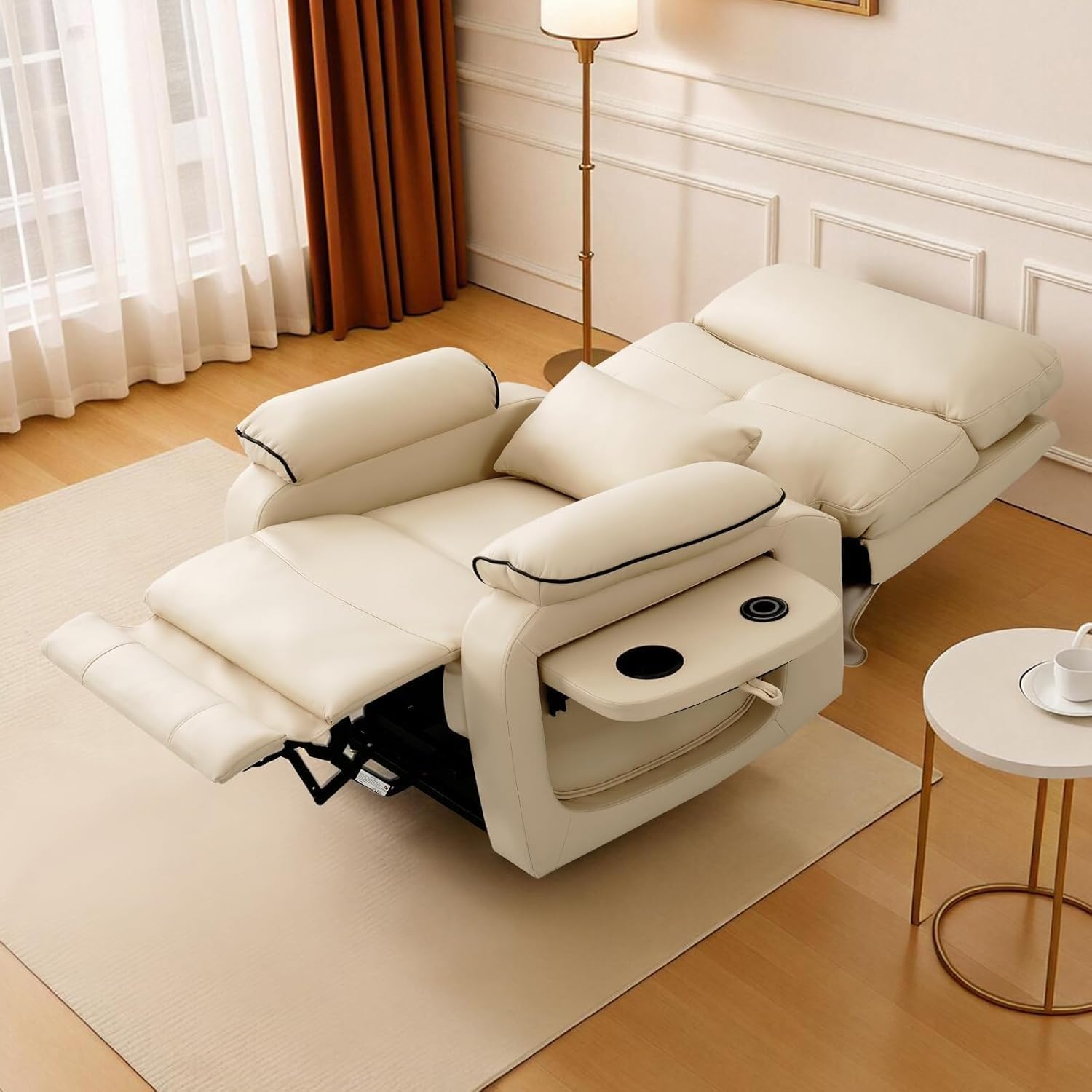 Recliner Sofa with Genuine Leather Upholstery, Oversized Power Lift, Heat and Massage, Remote Control, USB Charging Ports, Cup Holders, and Infinite Position Recline Comfort