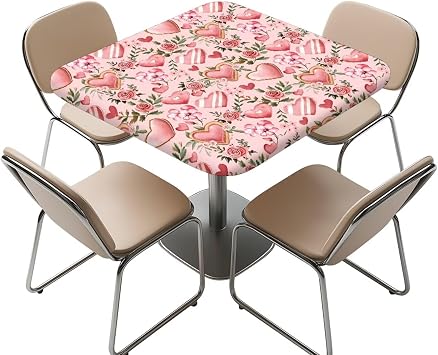 Pink Cake Heart Square Tablecloth with Elastic Edge for Indoor Restaurant for Outdoor Patio Party Dining, Fit for 34" x 34" Square Table Valentines Day Decor