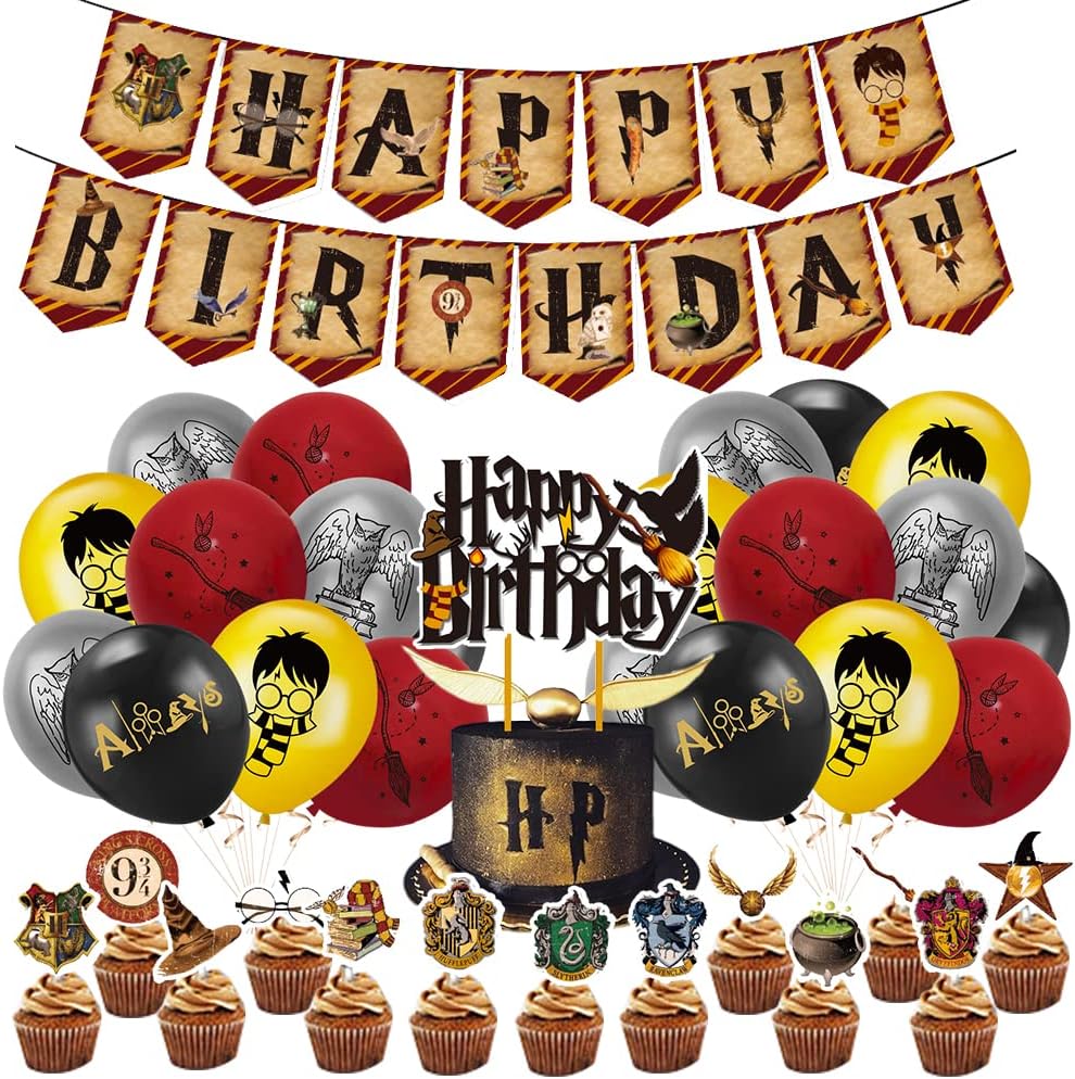 Harry Potter Birthday Party Decoration, 39 Pcs Harry Potter Theme Party Decorations, Birthday Party Supplies, Harry Potter Happy Birthday Banner Balloons Cake & Cupcake Toppers