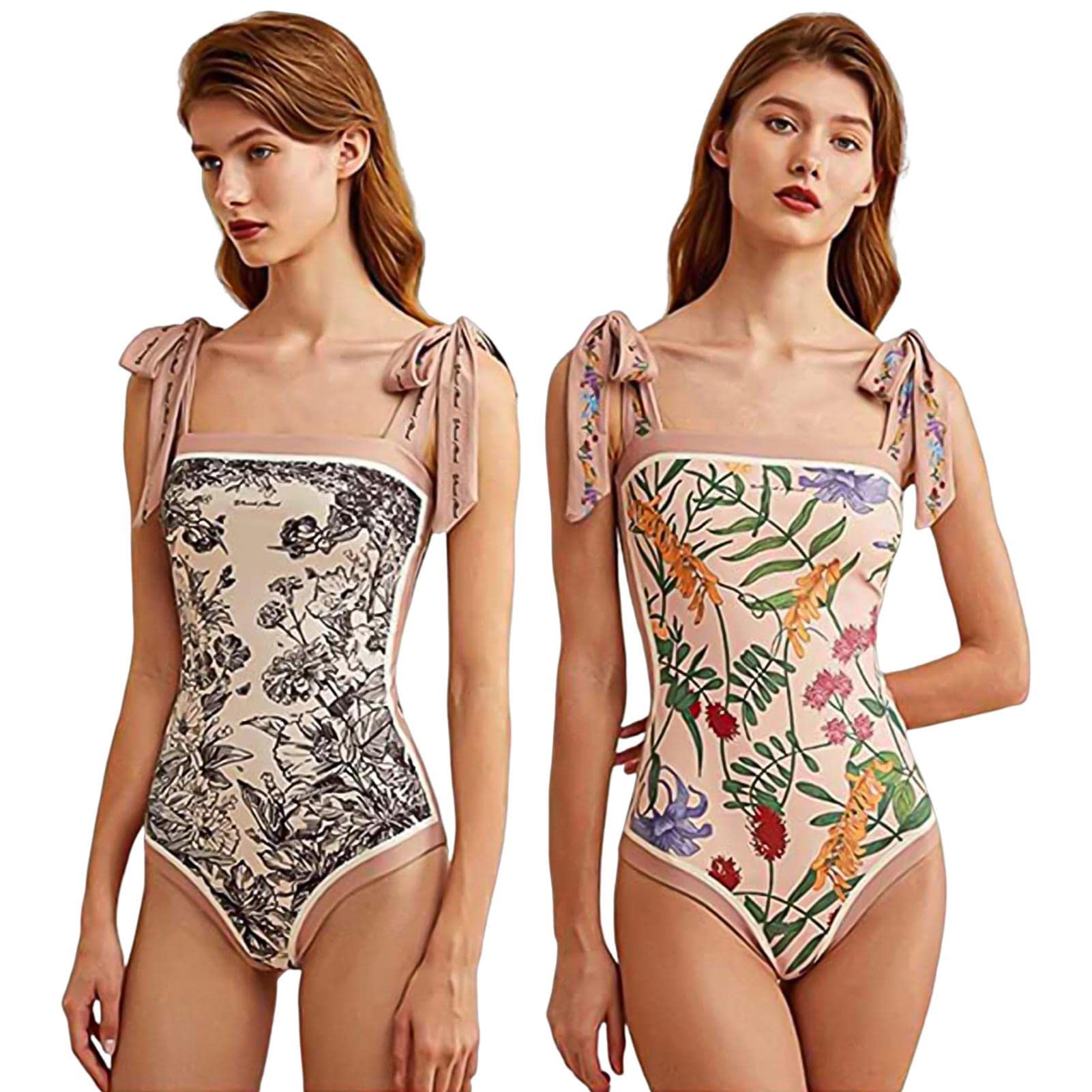 Swimsuit for Women, Floral Swimsuits Shoulder Ties - Vintage Reversible Swimwear with Tummy Control for Women