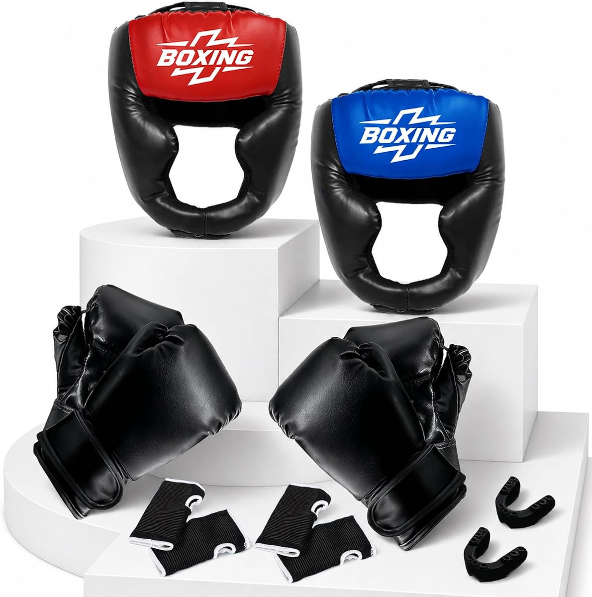 Juego de 12 cascos de boxeo, guantes de boxeo, protectores bucales y vendas para manos, equipo de boxeo, equipo de protección de boxeo de cuero PU para entrenamiento, sparring y MMA, guantes de boxeo