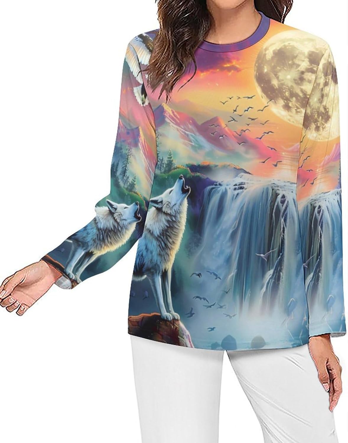 White Wolf Ea-gles Moon Women's Pajama Top Sleepwear Pajamas Sleep T-Shirt Long Sleeve Shirt Crewneck Tee