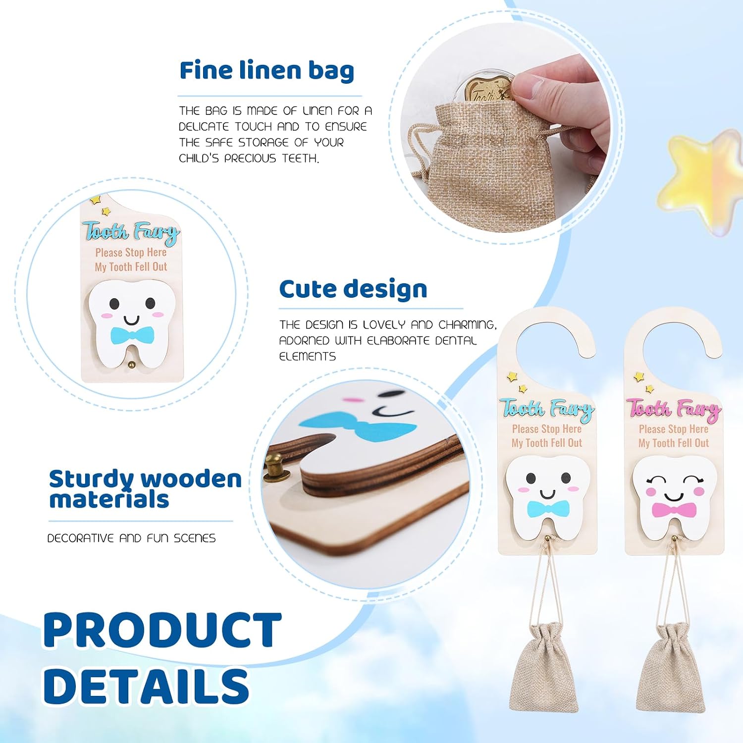 Tooth Fairy Door Hanging Tooth Fairy Storage Bag One Tooth Fairy Coin Keepsake Wooden Tooth Holder with Money Slot to Commemorate Your Child's First Lost Tooth, Tooth Fairy Gift(Blue)