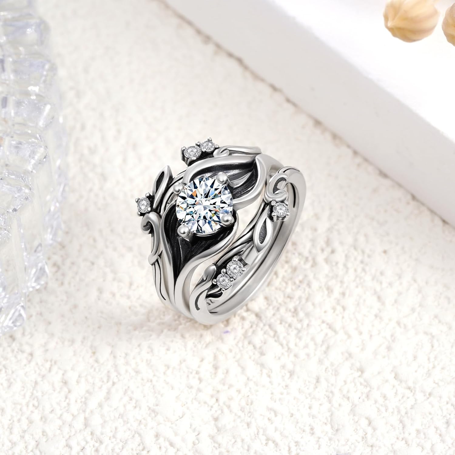 Moissanite Rings Set 925 Sterling Silver Moissanite Leaf Ring Set with Moissanite Stone Jewelry Gifts for Women