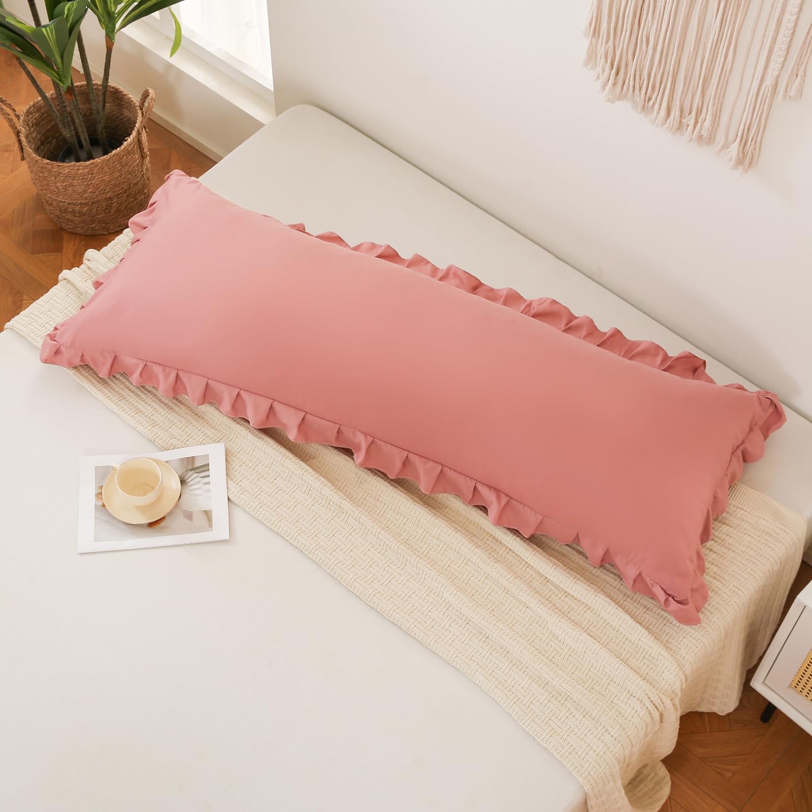 Herside Light Pink Body Pillowcase Lace Ruffled Long Pillow Case 50x137cm Pink Body Pillow Sham Set of 1 with Pocket Closure Soft Microfibre Ruffled Pillow Cover for Teens Adult Boys