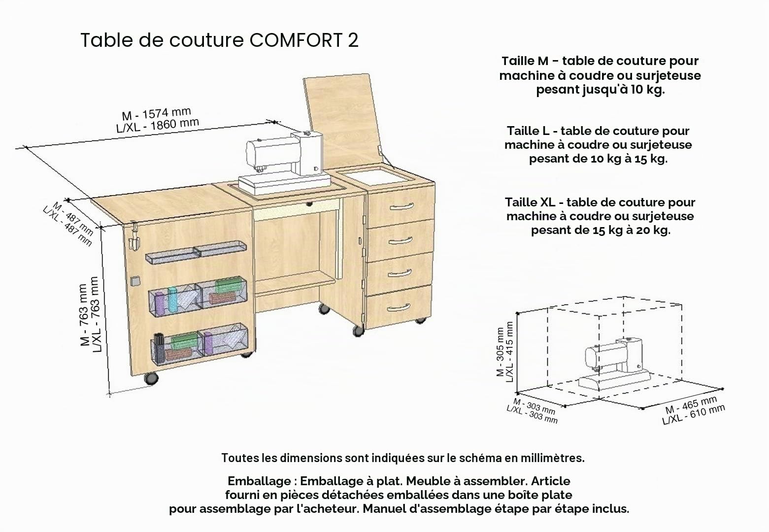 Comfort 2 | Table pour Machine à Coudre | (Premium White, M (Air-Lifter to 10kg))