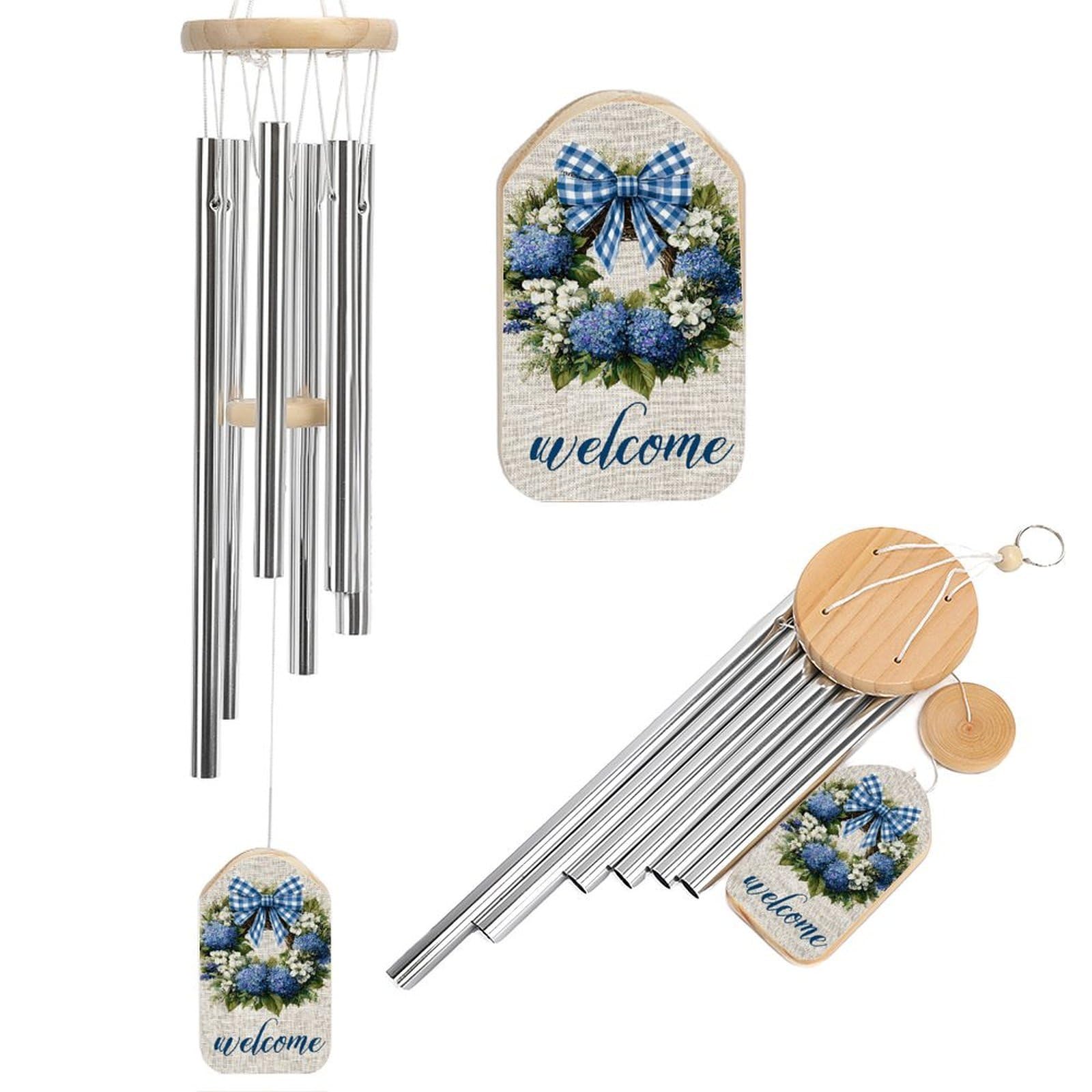 Purple And White Plaid Bow Flowers Wreath Wind Chimes Memorial Deep Tone Windchime with 6 Aluminum Tubes Outdoor Backyard Garden Decoration