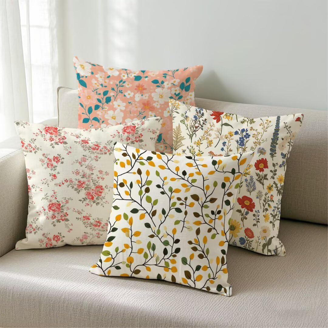 Federe Cuscini per Esterno 40 x 40 cm, Floreale Copricuscini Divano Decorativi Set di 4 Primavera Ed Estate Copricuscino Impermeabili Lino Fodere Cuscini Decorativi per Giardino Soggiorno Sedie Ym504