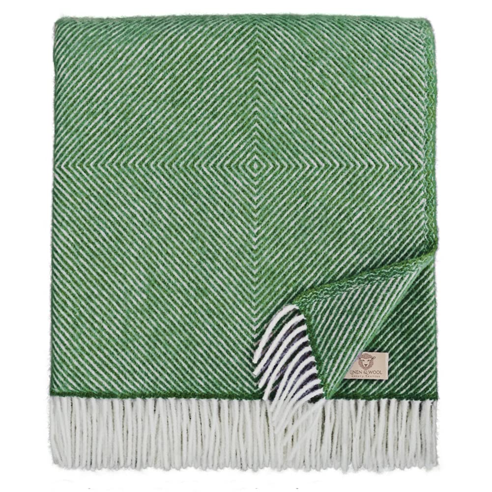 Linen & Cotton Wool Throw Blanket Alaska Diamond Twill - 100% Pure New Zealand Wool, Green (140 x 220 cm) Knee/Warm Plaid for Sofa Bed Couch Settee Armchair Bedspread Single Double Lambswool
