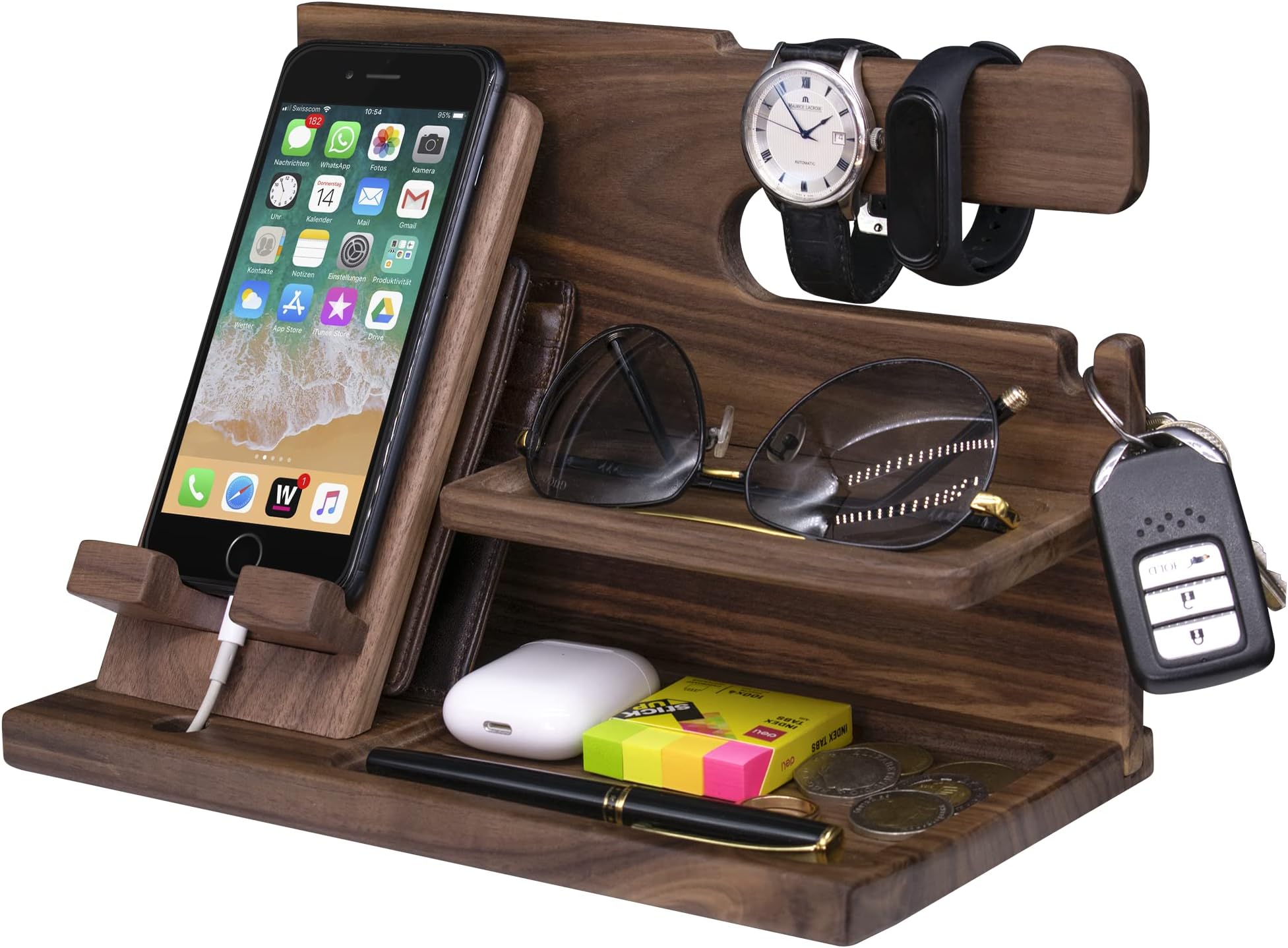 Gooin Global Walnut Phone Docking Station, Nightstand Organizer with Key Holder, Wallet Stand and Watch Organizer - Anniversary Unique Birthday Gifts for Him, Her, Men, Dad, Husband (None Engraved)