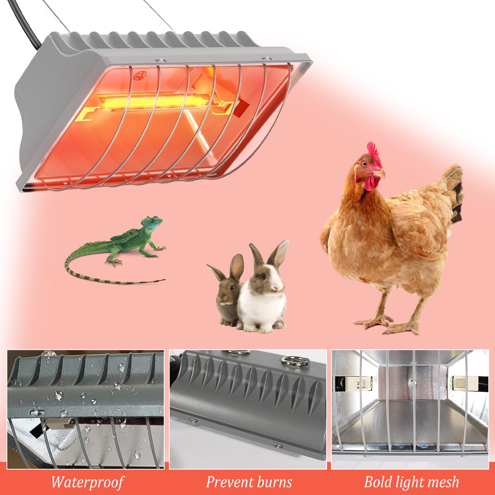 Lampa grzewcza dla piskląt, 250 W, czerwone światło, lampa grzewcza, kurnik z przełącznikiem oszczędnym, kabel zasilający 1,8 m, automatyczna termostatyczna lampa na podczerwień dla kur, kaczek