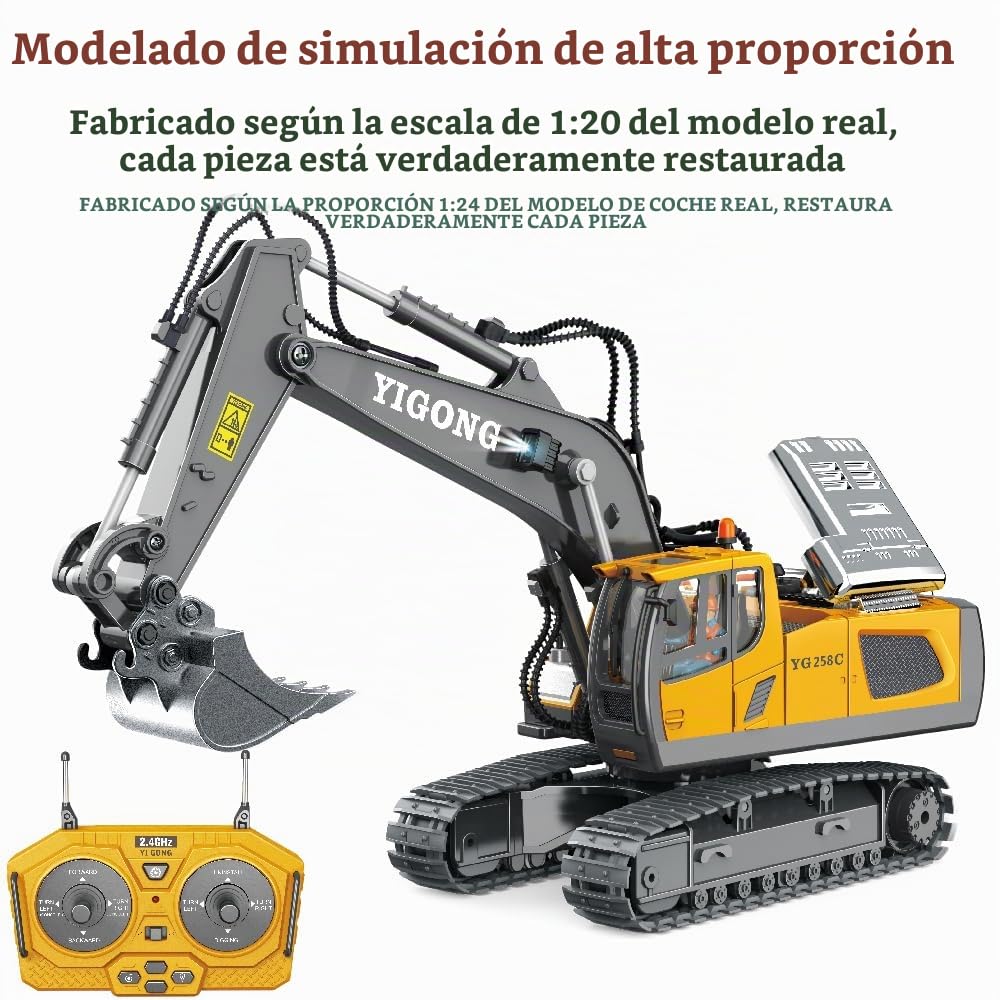 Bulldozer Teledirigido para Niños, Juego de Bulldozer de Metal, Coches de Juguete RC con Luces y Efectos de Sonido, Vehículos de Construcción de Juguete, Regalos para Niños y Niñas