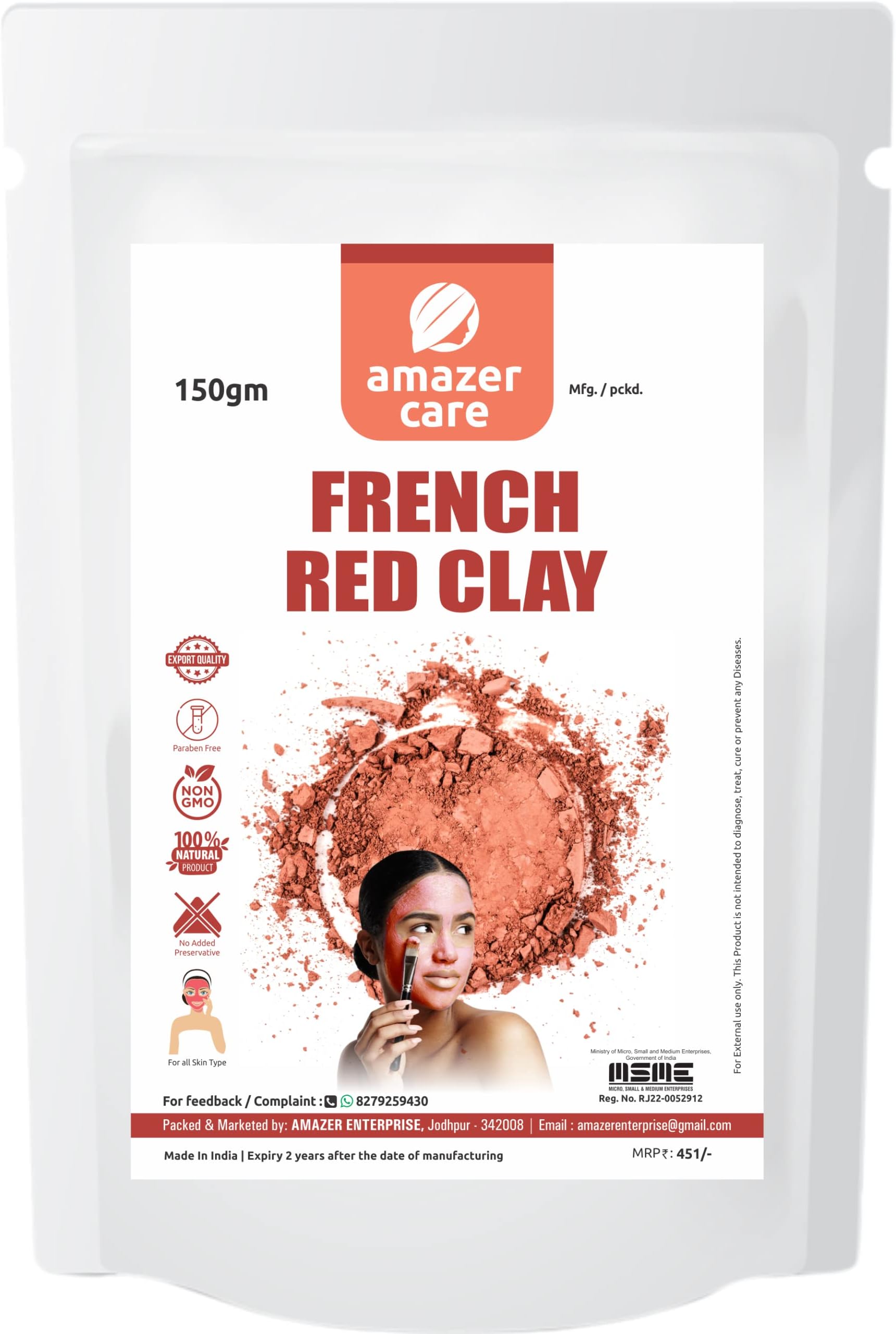 AmazerCare French Red Clayfor Face, Body & Hair (150gm) Purifying, Revitalizing & Nourishing