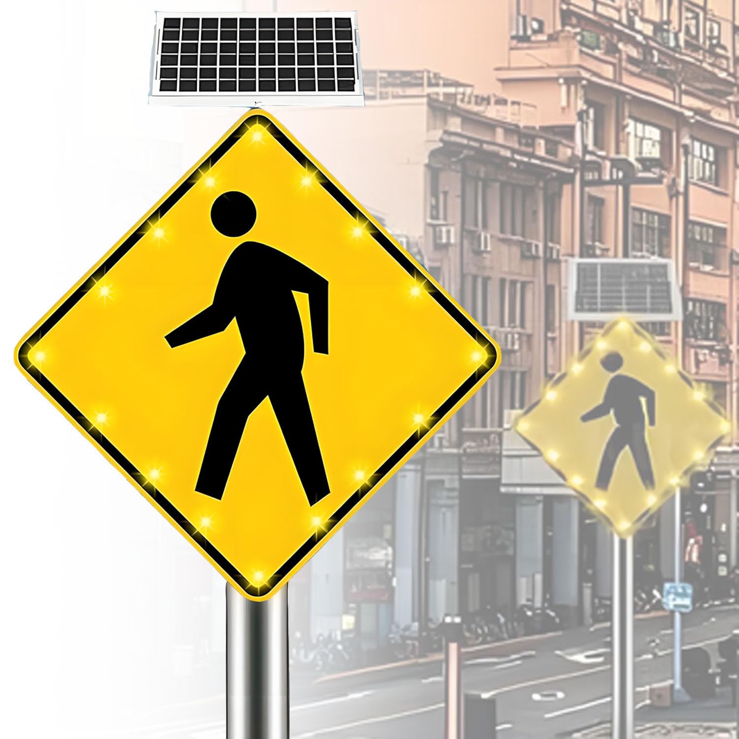 Solar Powered LED Flashing Pedestrian Crossing Sign,16 Flashing LED Highlight Road Traffic Blinking Street Warning Sign,Aluminum IP65,Weatherproof Crosswalk Signs for Park School Urban 30inches