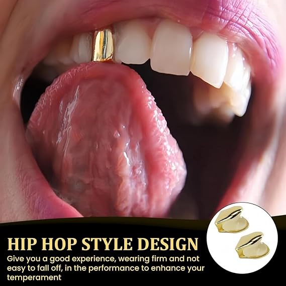 2pcs Solid Hip Hop Teeth Plain,Hip Hop Gold Single Tooth Cap,Hip Hop Teeth Grill Bling Slugs Decoration for Teeth Mouth,Single Top Fang Tooth Grills Cap,Party Accessories Teeth Grills (Golden)